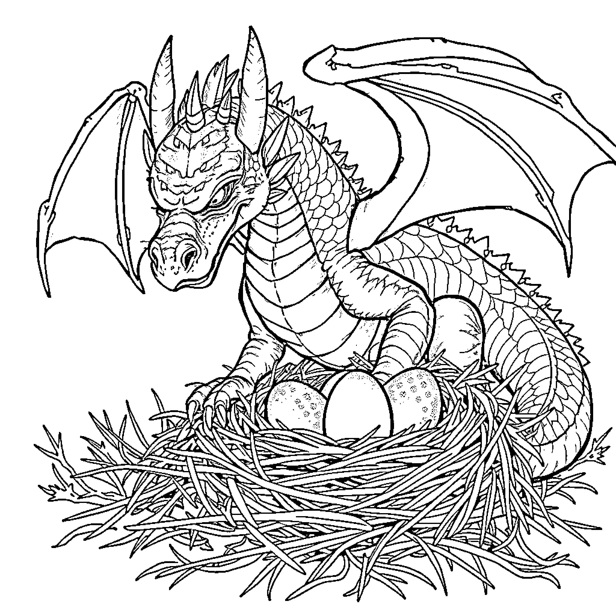 Dragon guarding its nest with precious eggs Coloring Page (free black-and-white line drawing printable PDF for all, from beginners to advanced learners, including children, teens, adults, and seniors)