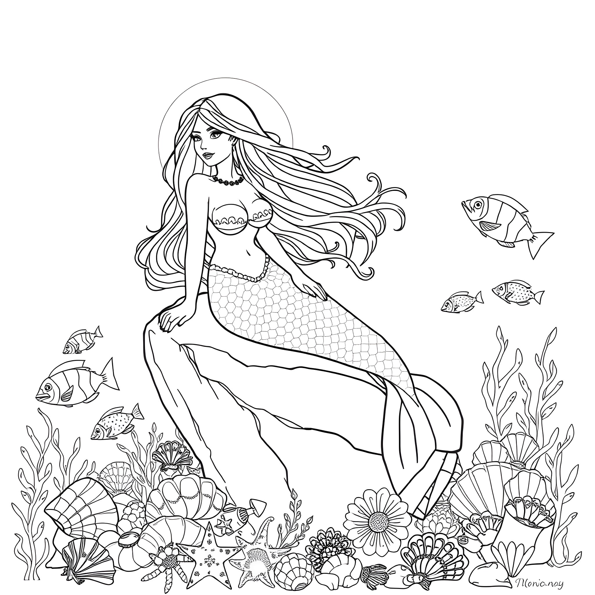 Mermaid swimming among vibrant underwater flora Coloring Page (free black-and-white line drawing printable PDF for all, from beginners to advanced learners, including children, teens, adults, and seniors)