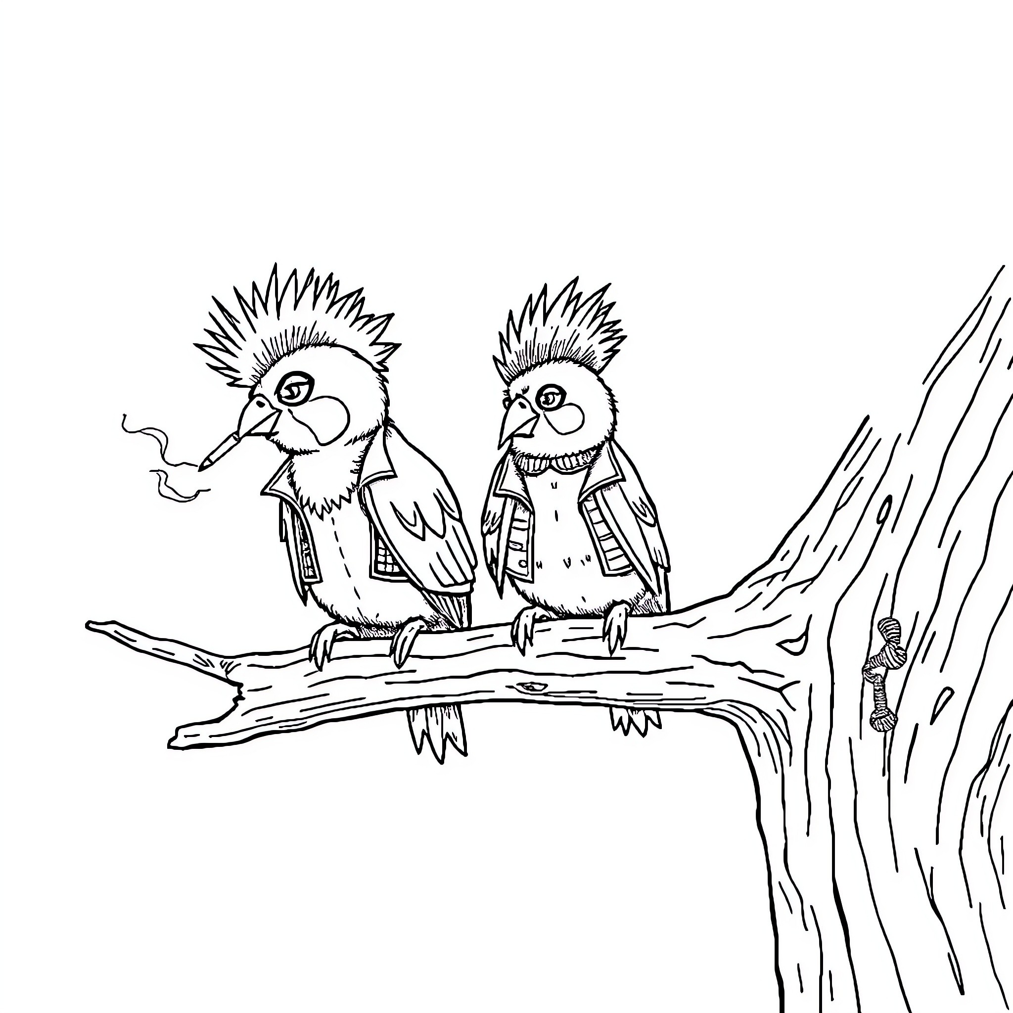 Bird Punk Duo on Broken Branch Coloring Page (free black-and-white line drawing printable PDF for all, from beginners to advanced learners, including children, teens, adults, and seniors)