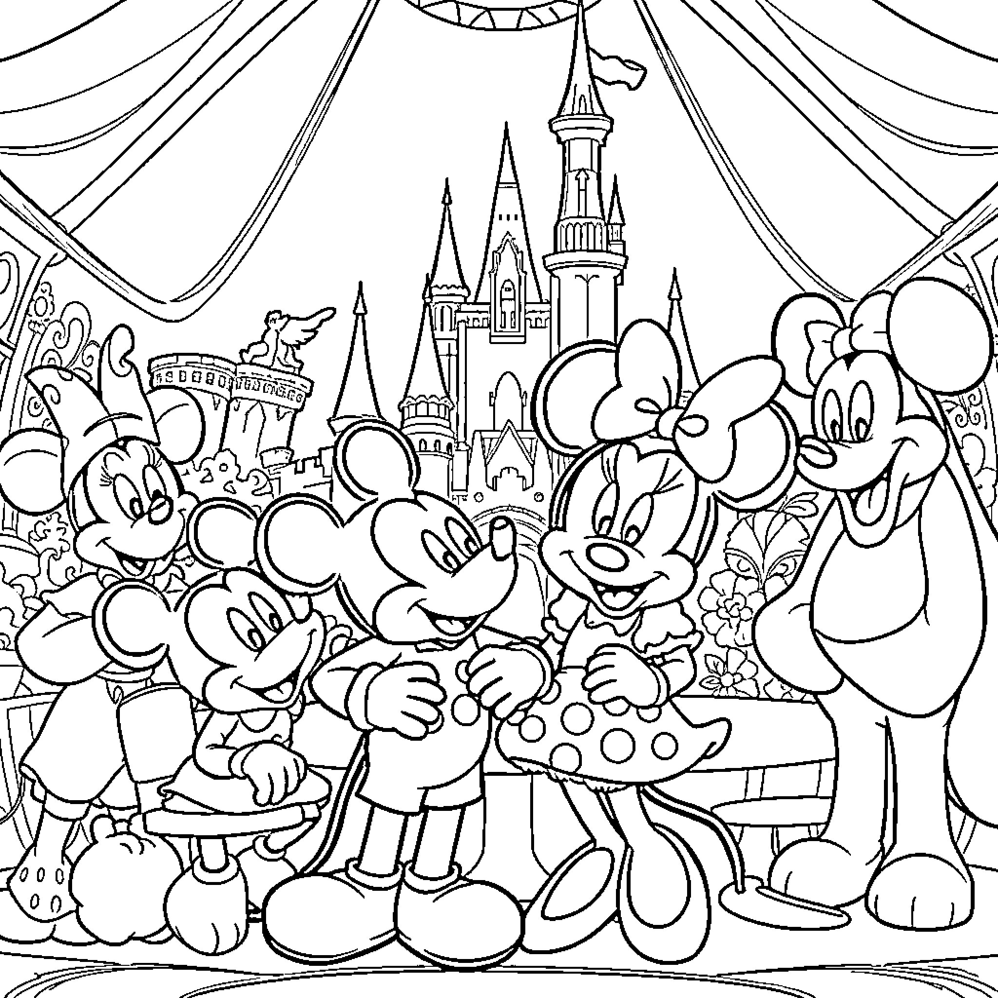 Disney Characters Celebrating at the Castle Coloring Page (free black-and-white line drawing printable PDF for all, from beginners to advanced learners, including children, teens, adults, and seniors)