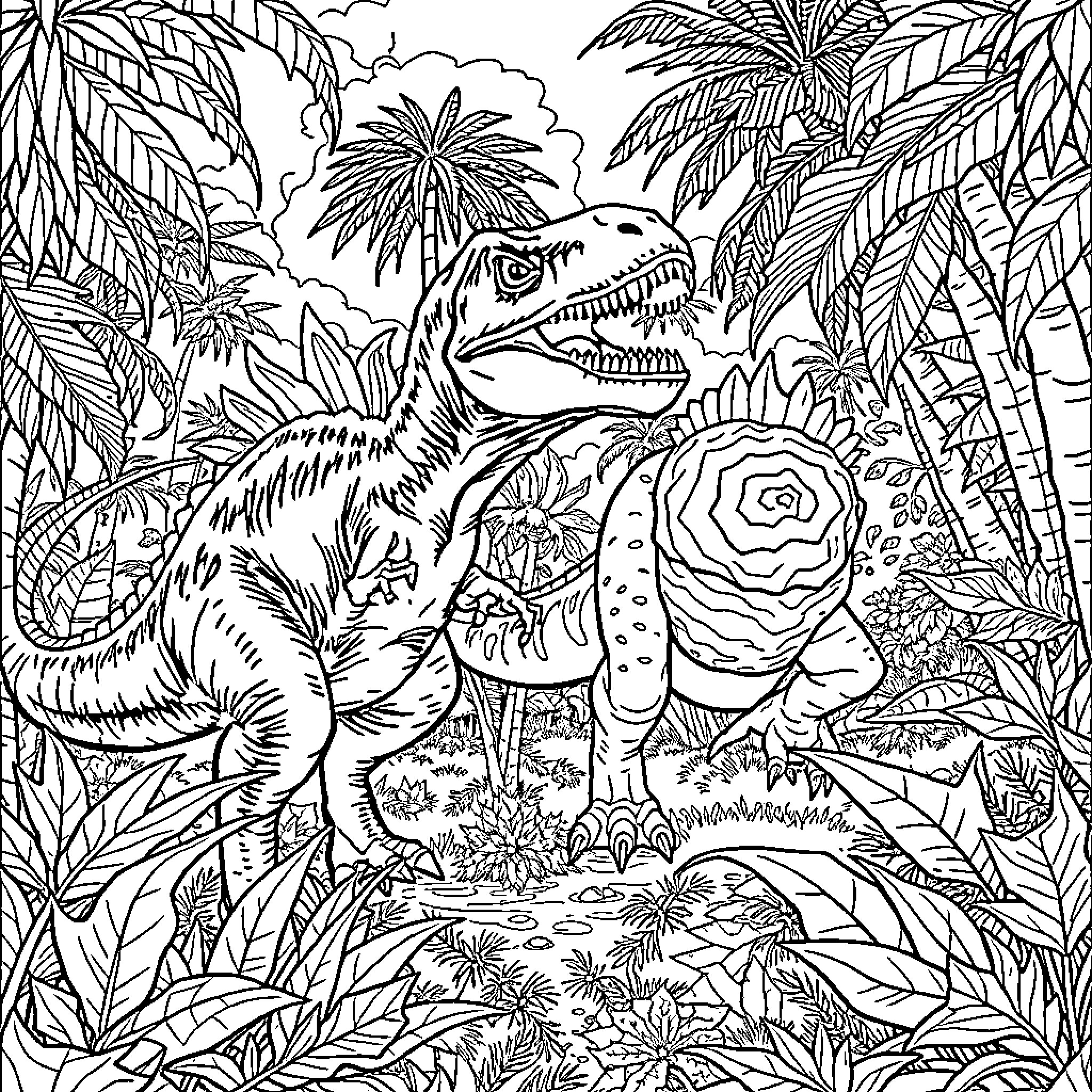 Dinosaur exploring the lush tropical jungle Coloring Page (free black-and-white line drawing printable PDF for all, from beginners to advanced learners, including children, teens, adults, and seniors)