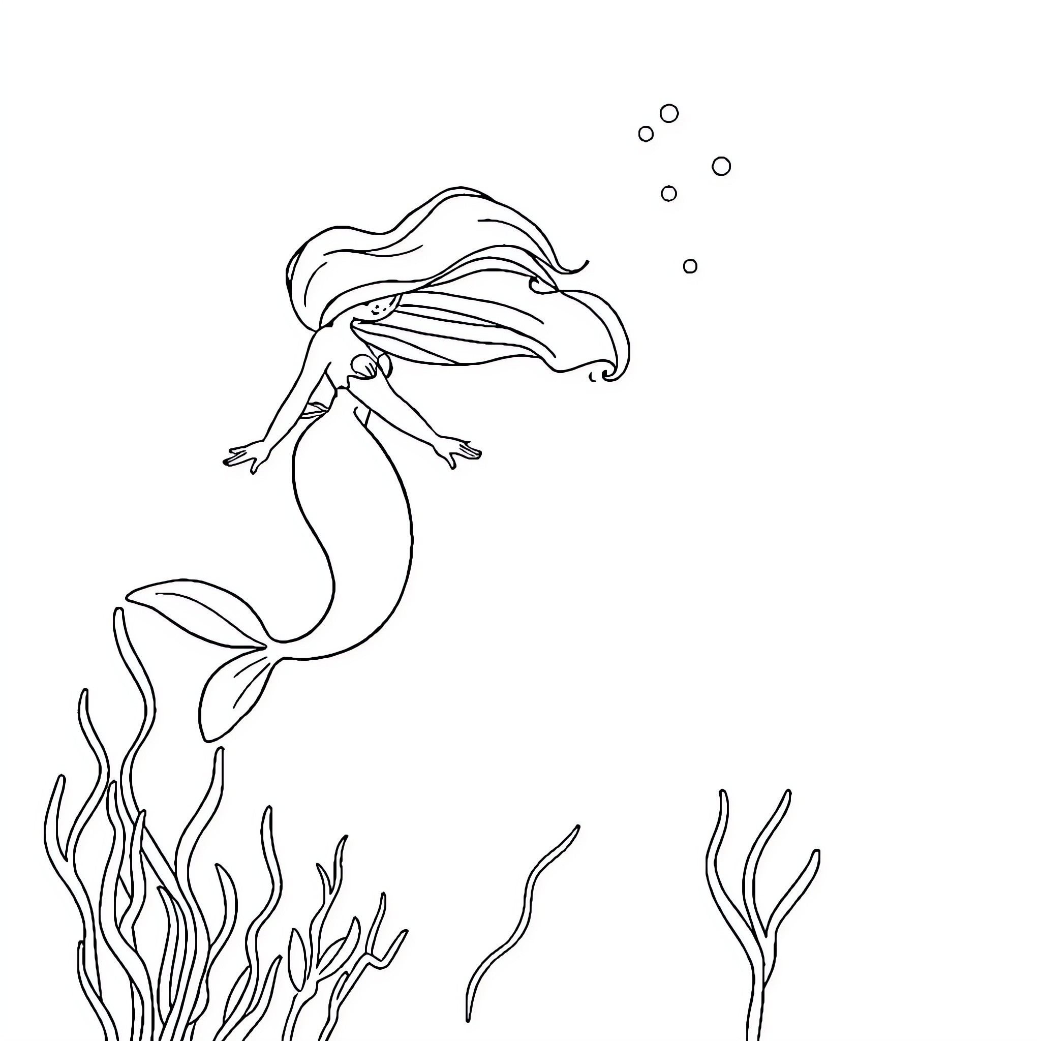 Mermaid swimming gracefully in the sea Coloring Page (free black-and-white line drawing printable PDF for all, from beginners to advanced learners, including children, teens, adults, and seniors)