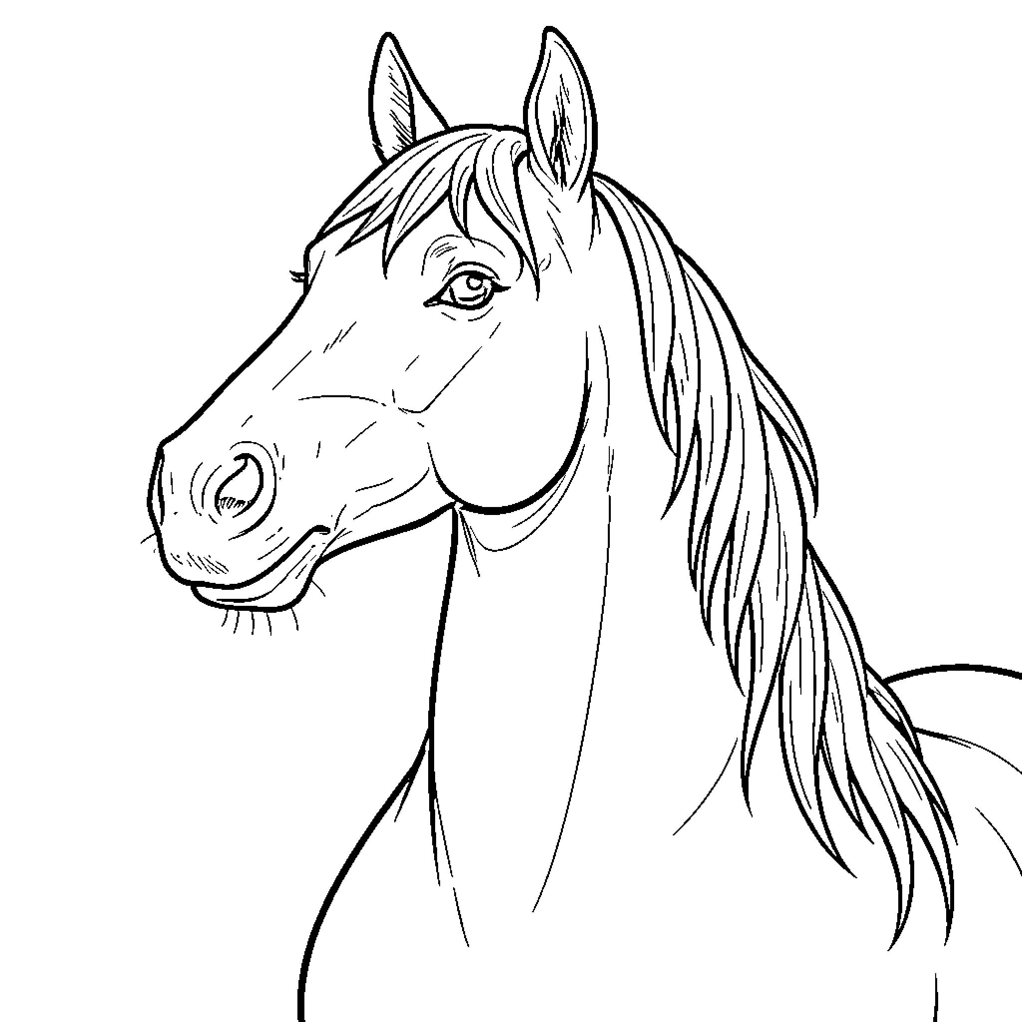 Horse looking calmly towards the side Coloring Page (free black-and-white line drawing printable PDF for all, from beginners to advanced learners, including children, teens, adults, and seniors)