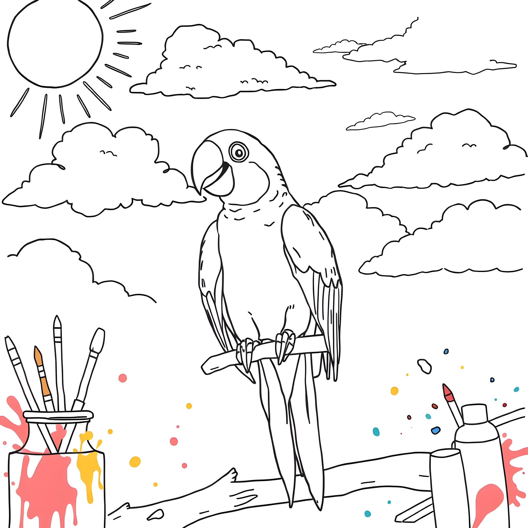 Parrot perched on a branch with colorful art supplies Coloring Page (free black-and-white line drawing printable PDF for all, from beginners to advanced learners, including children, teens, adults, and seniors)