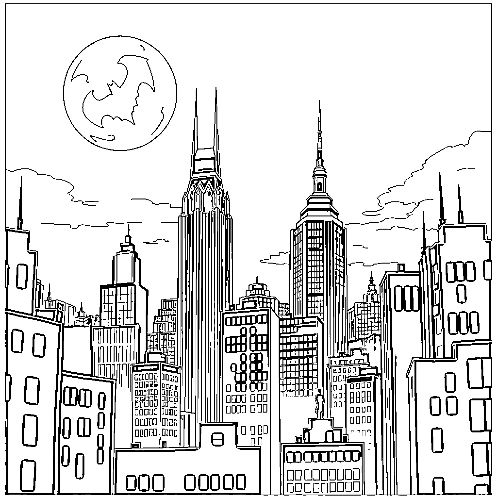 Gotham City skyline with iconic skyscrapers and full moon Coloring Page (free black-and-white line drawing printable PDF for all, from beginners to advanced learners, including children, teens, adults, and seniors)