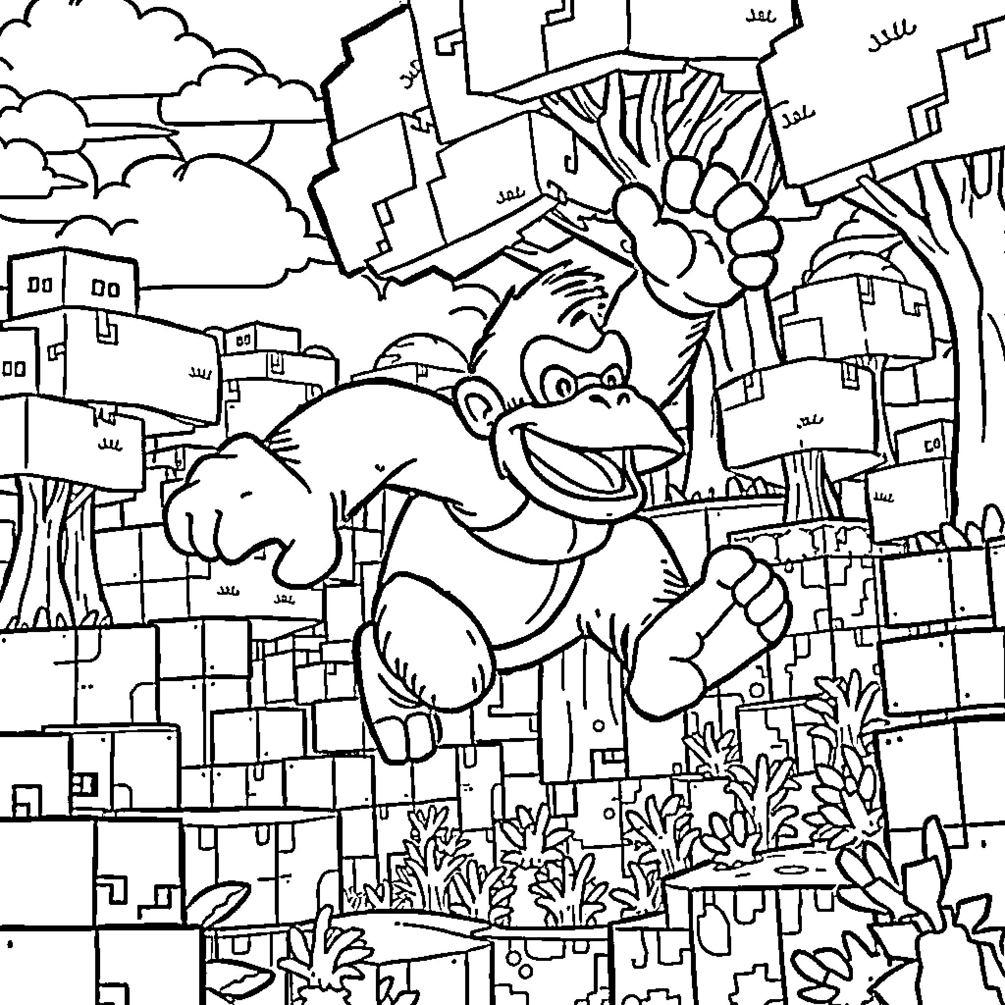 Donkey Kong in an urban jungle scene Coloring Page (free black-and-white line drawing printable PDF for all, from beginners to advanced learners, including children, teens, adults, and seniors)