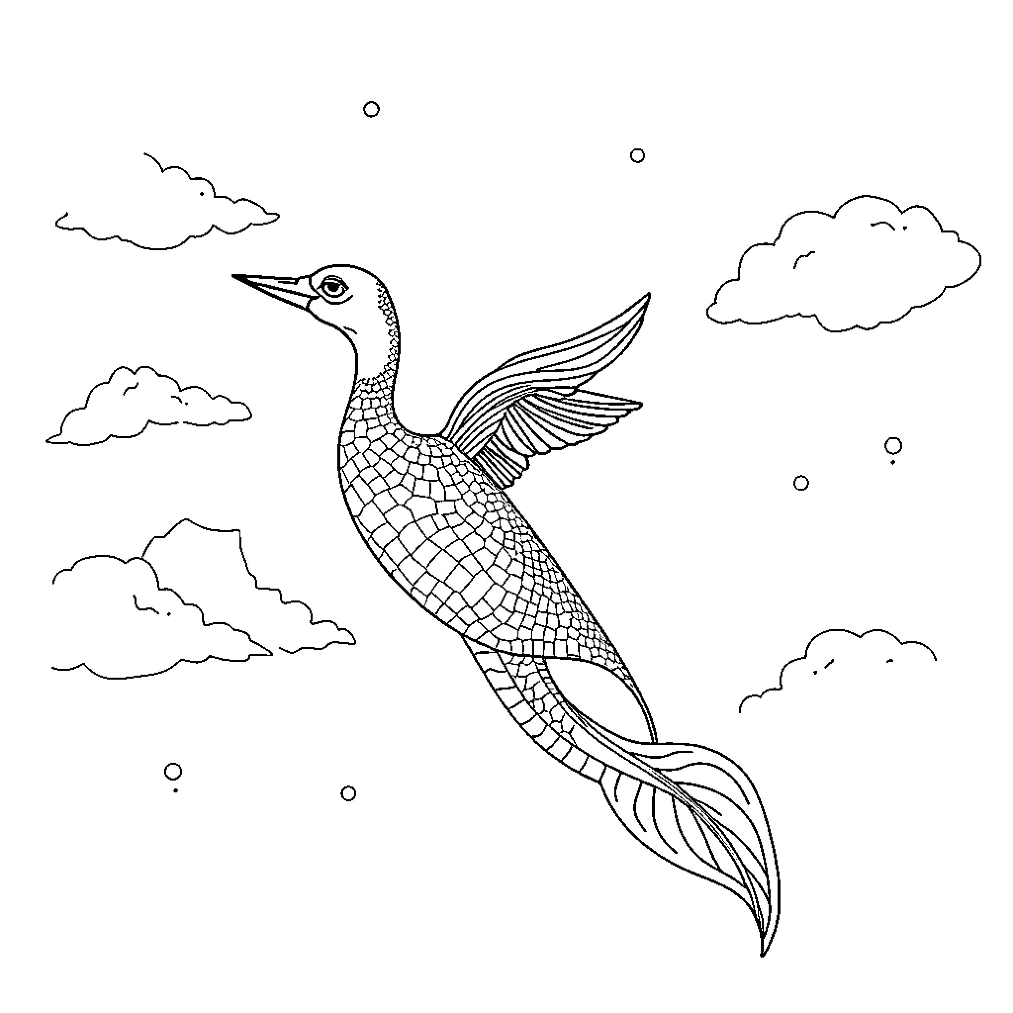 Mermaid soaring gracefully through the cloudy sky Coloring Page (free black-and-white line drawing printable PDF for all, from beginners to advanced learners, including children, teens, adults, and seniors)
