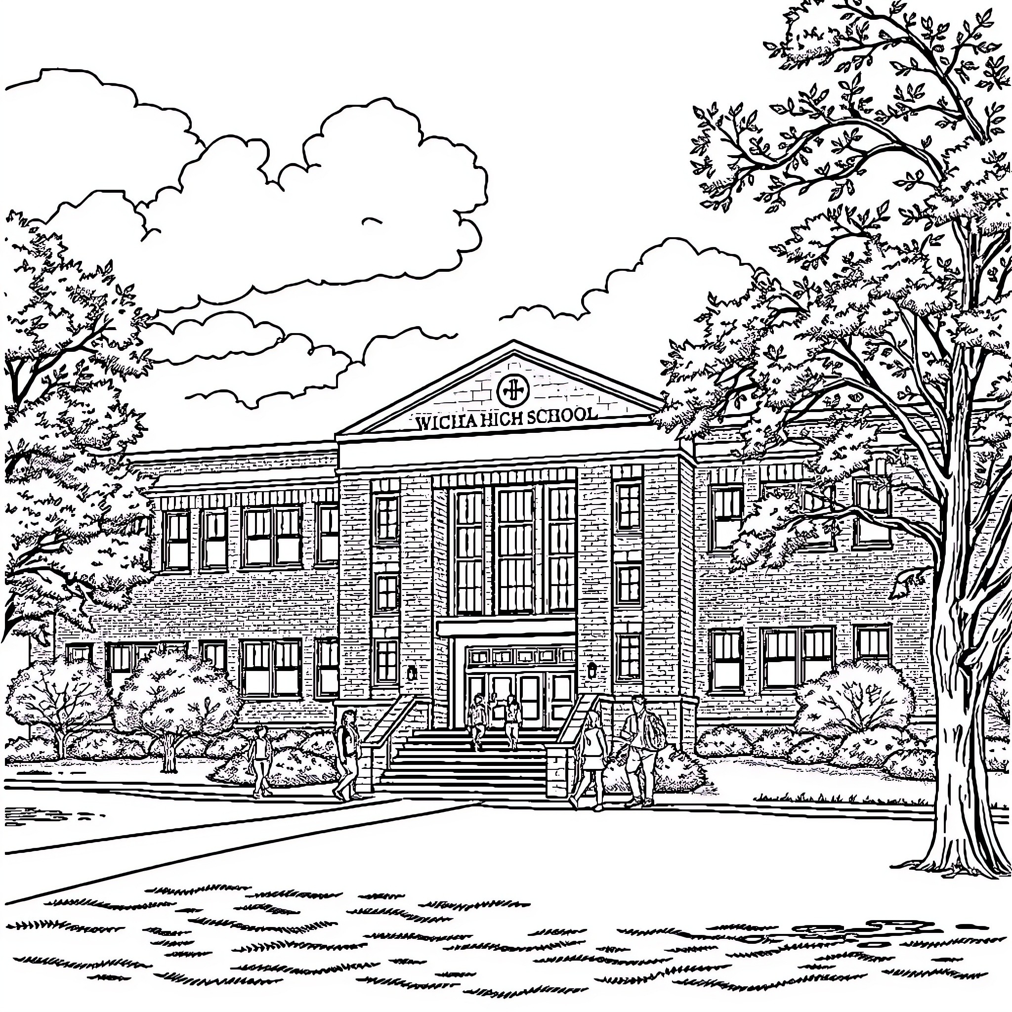 Wichita Falls High School building surrounded by trees and clouds Coloring Page (free black-and-white line drawing printable PDF for all, from beginners to advanced learners, including children, teens, adults, and seniors)