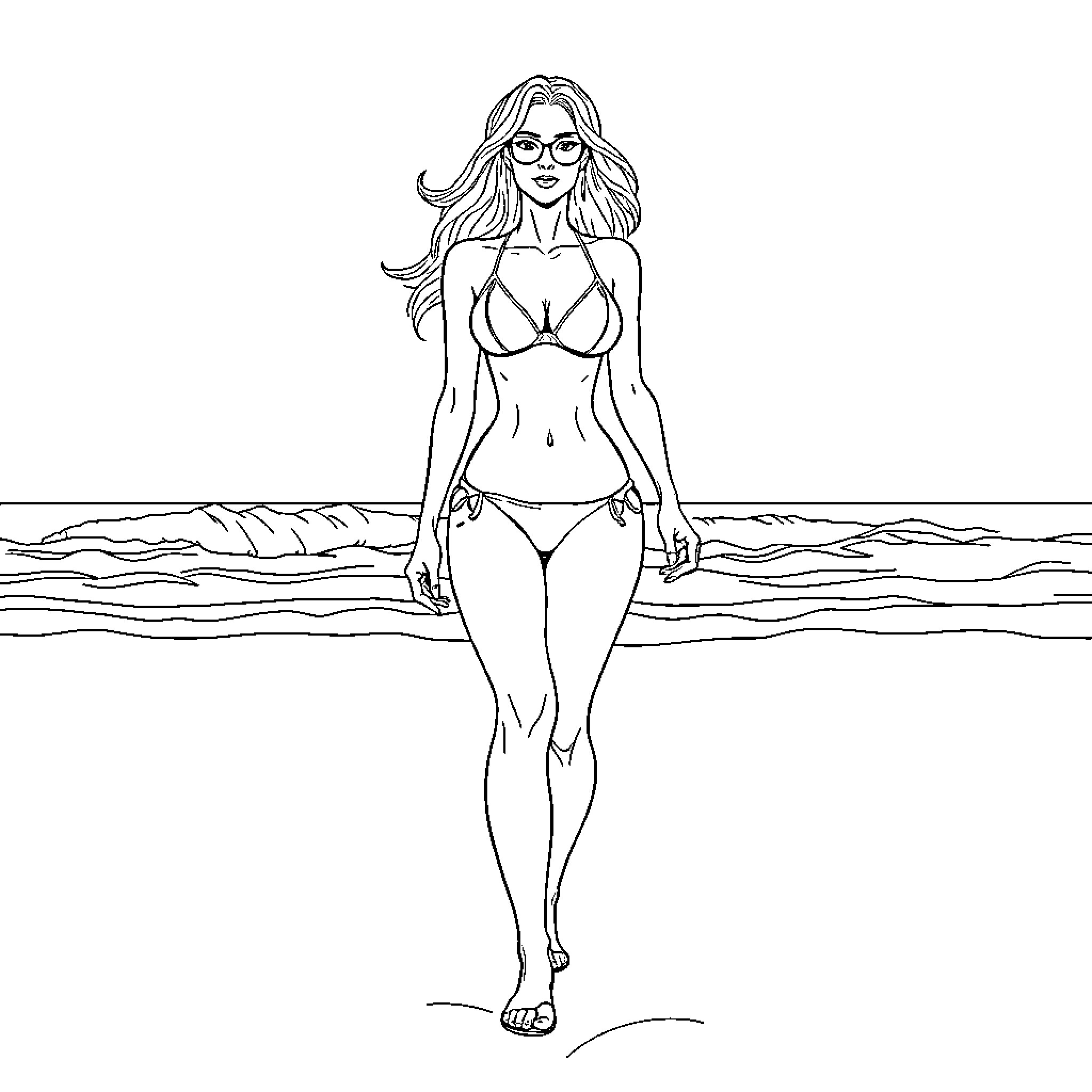 Lady walking confidently on the beach Coloring Page (free black-and-white line drawing printable PDF for all, from beginners to advanced learners, including children, teens, adults, and seniors)