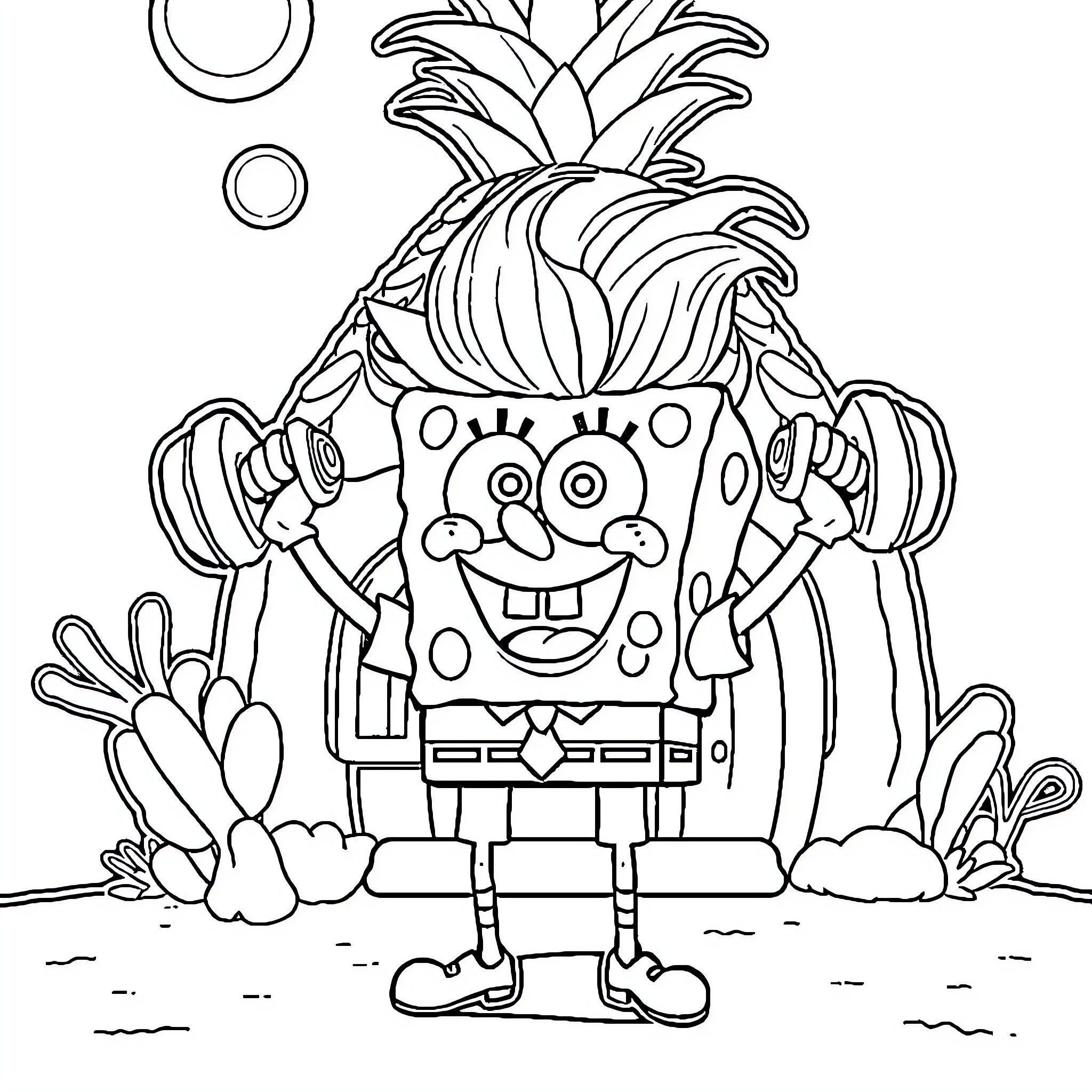 Spongebob's Quirky Underwater Adventure Coloring Page (free black-and-white line drawing printable PDF for all, from beginners to advanced learners, including children, teens, adults, and seniors)