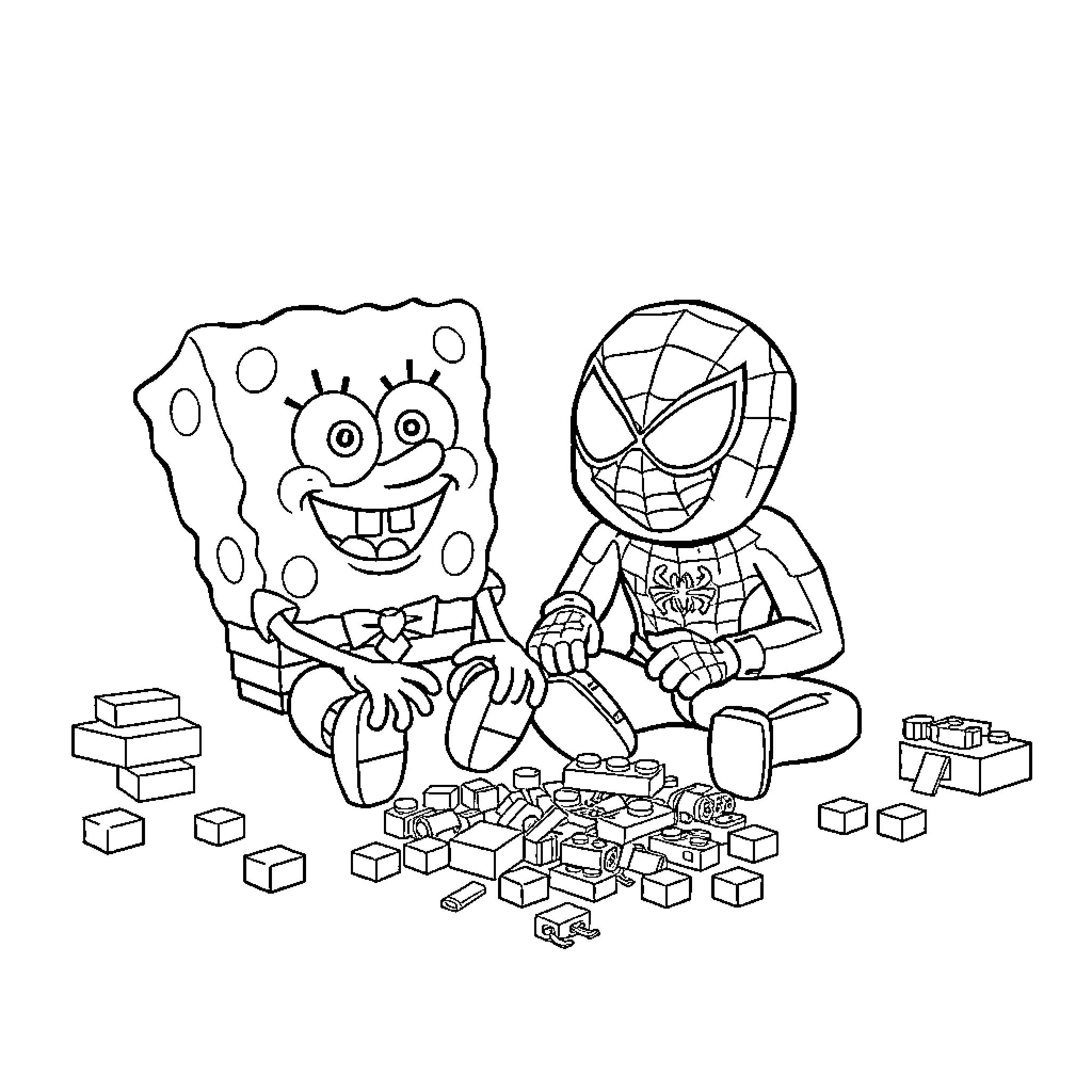 Spongebob and Spiderman playing with building blocks Coloring Page (free black-and-white line drawing printable PDF for all, from beginners to advanced learners, including children, teens, adults, and seniors)