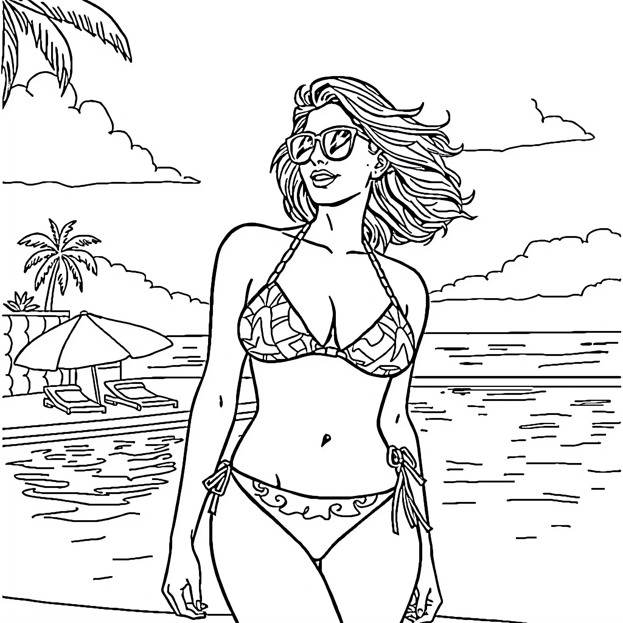 Janet enjoying the beach in her stylish swimwear Coloring Page (free black-and-white line drawing printable PDF for all, from beginners to advanced learners, including children, teens, adults, and seniors)