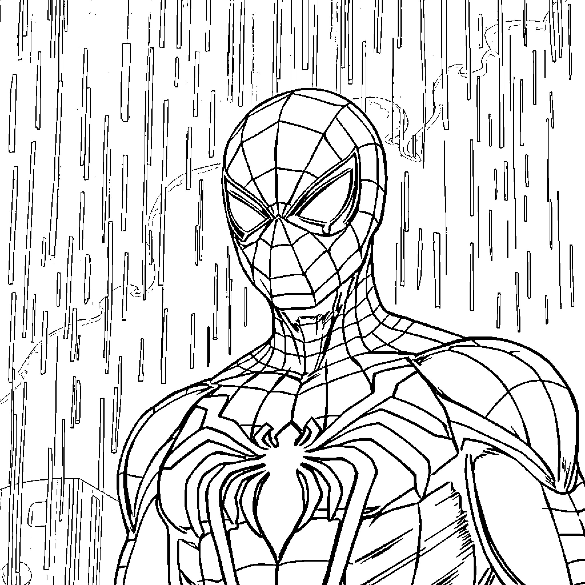 Spiderman in the rain with determined expression Coloring Page (free black-and-white line drawing printable PDF for all, from beginners to advanced learners, including children, teens, adults, and seniors)
