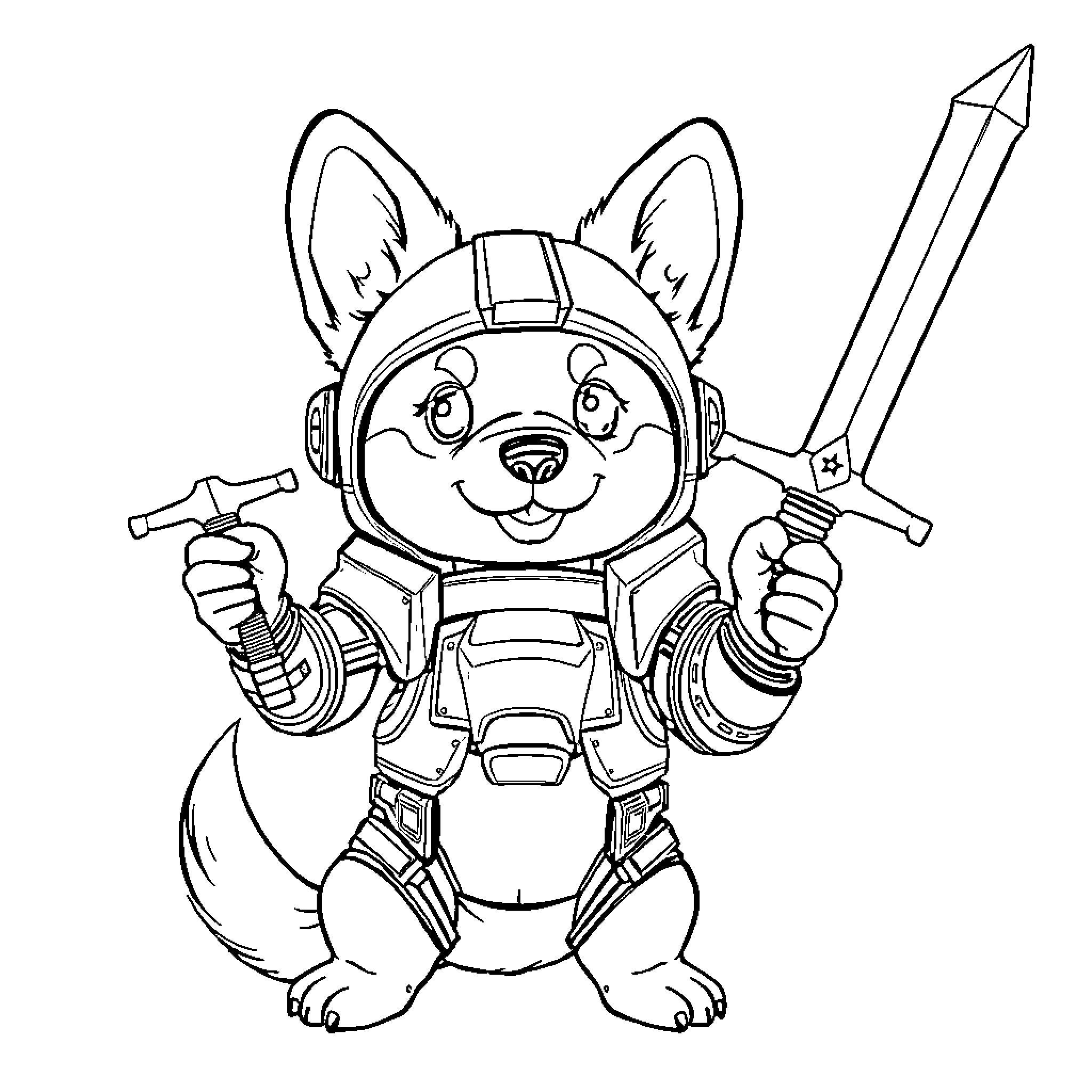 Corgi in Futuristic Warrior Outfit Coloring Page (free black-and-white line drawing printable PDF for all, from beginners to advanced learners, including children, teens, adults, and seniors)