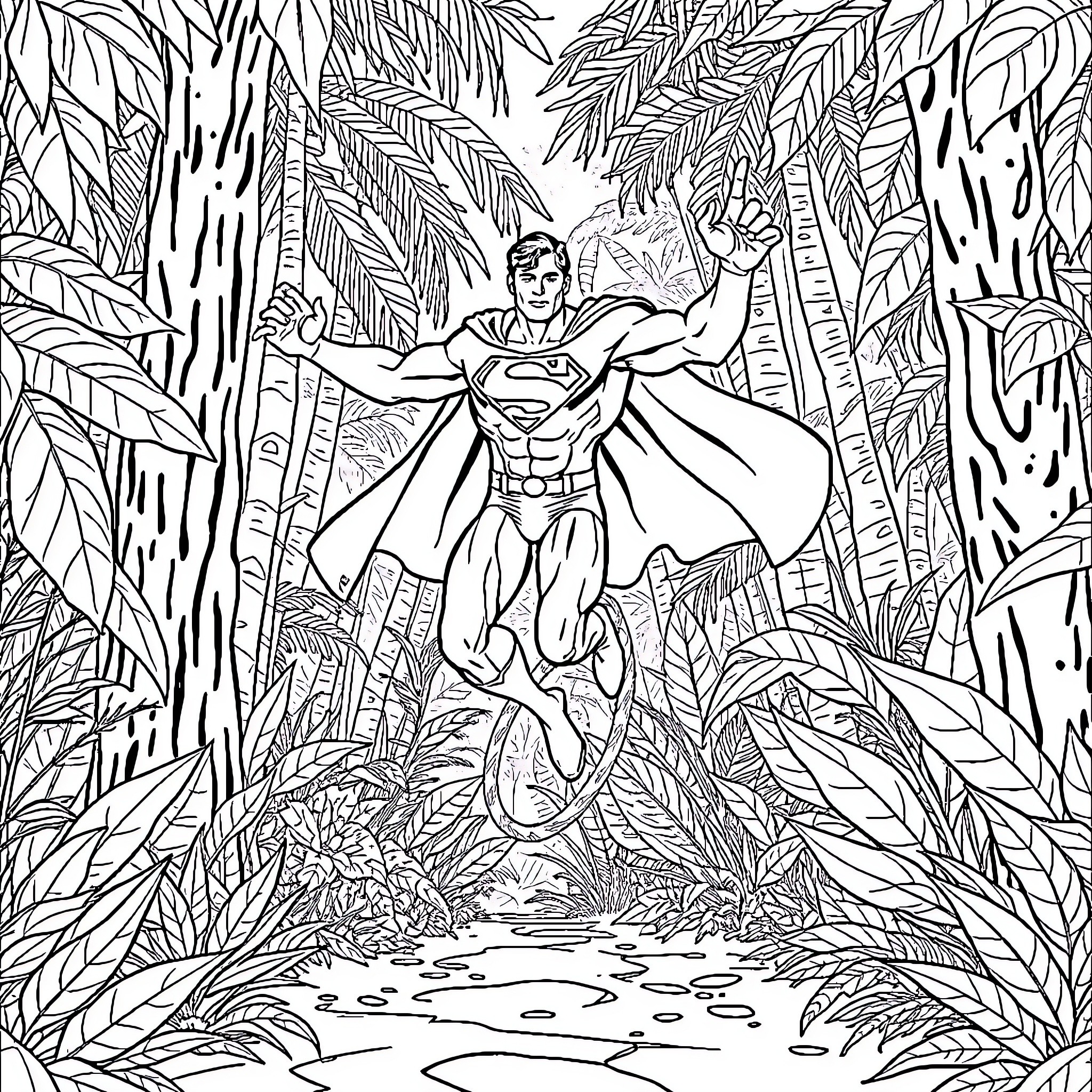 Superman soaring through the lush jungle landscape Coloring Page (free black-and-white line drawing printable PDF for all, from beginners to advanced learners, including children, teens, adults, and seniors)