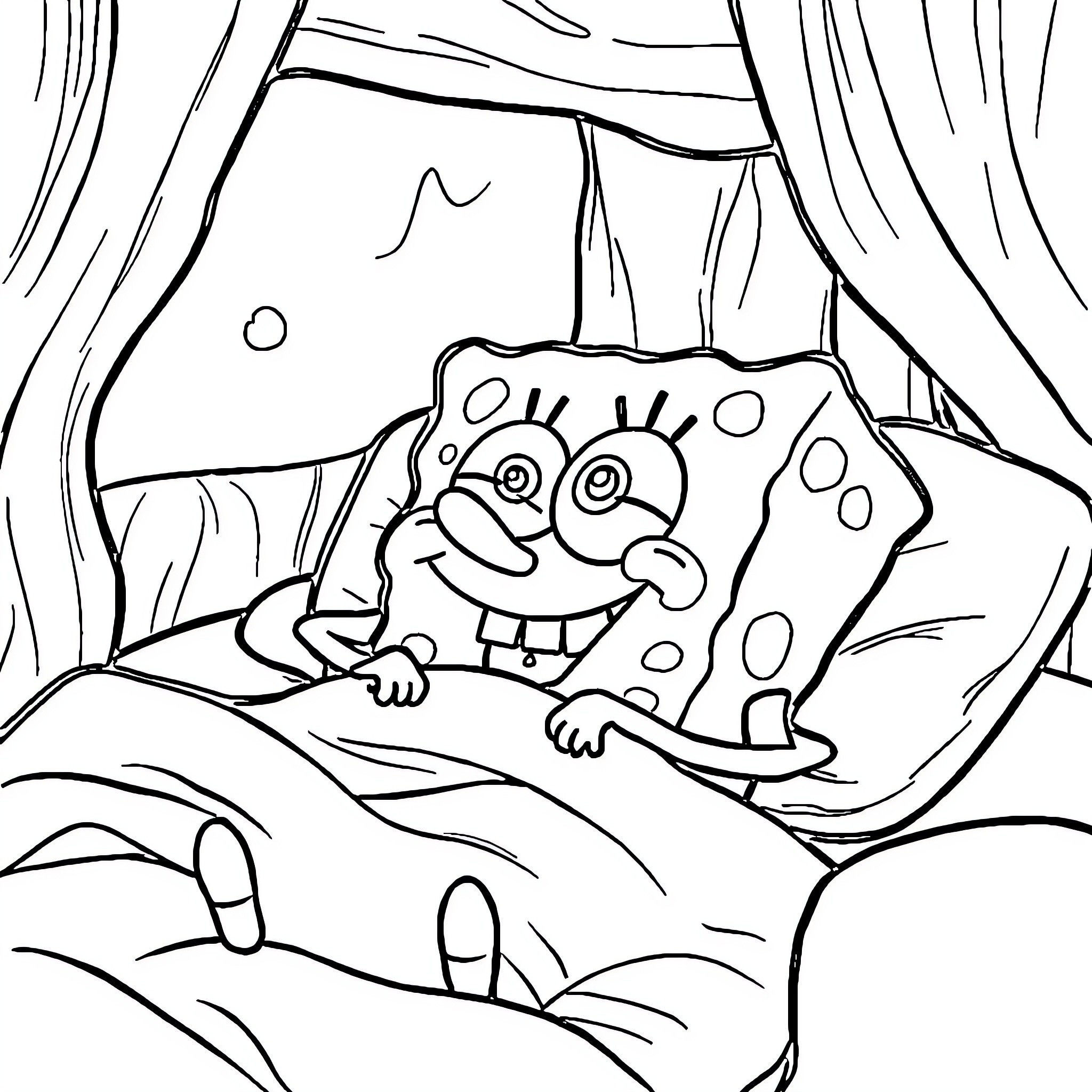 Spongebob peeking happily from his underwater home Coloring Page (free black-and-white line drawing printable PDF for all, from beginners to advanced learners, including children, teens, adults, and seniors)