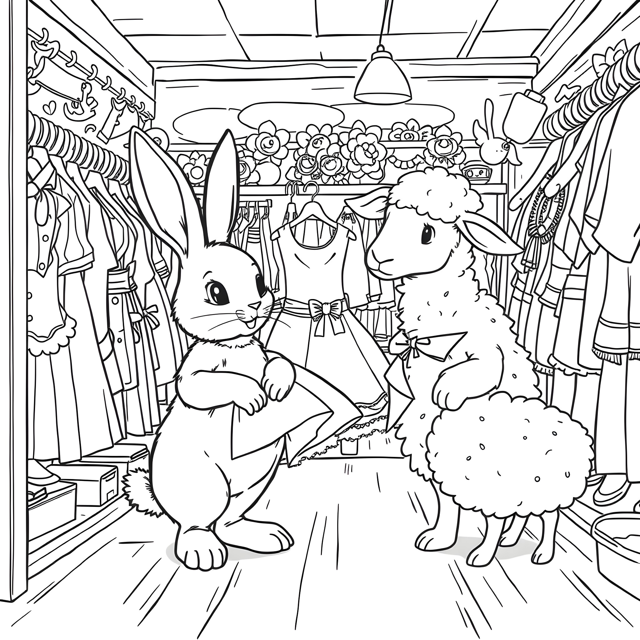 Bunny and Sheep Shopping Together in a Clothing Store Coloring Page (free black-and-white line drawing printable PDF for all, from beginners to advanced learners, including children, teens, adults, and seniors)