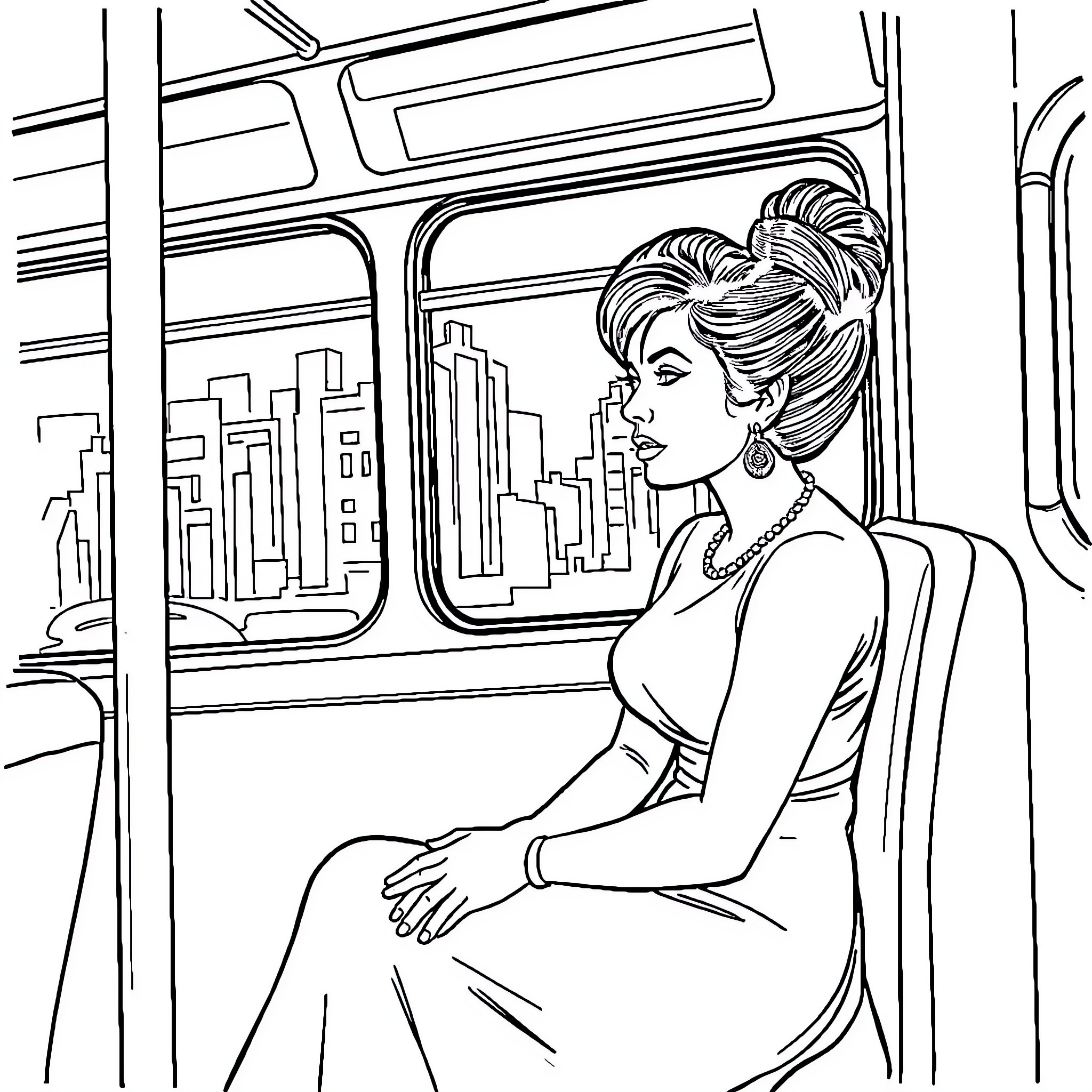 Amy Winehouse in stylish city bus Coloring Page (free black-and-white line drawing printable PDF for all, from beginners to advanced learners, including children, teens, adults, and seniors)