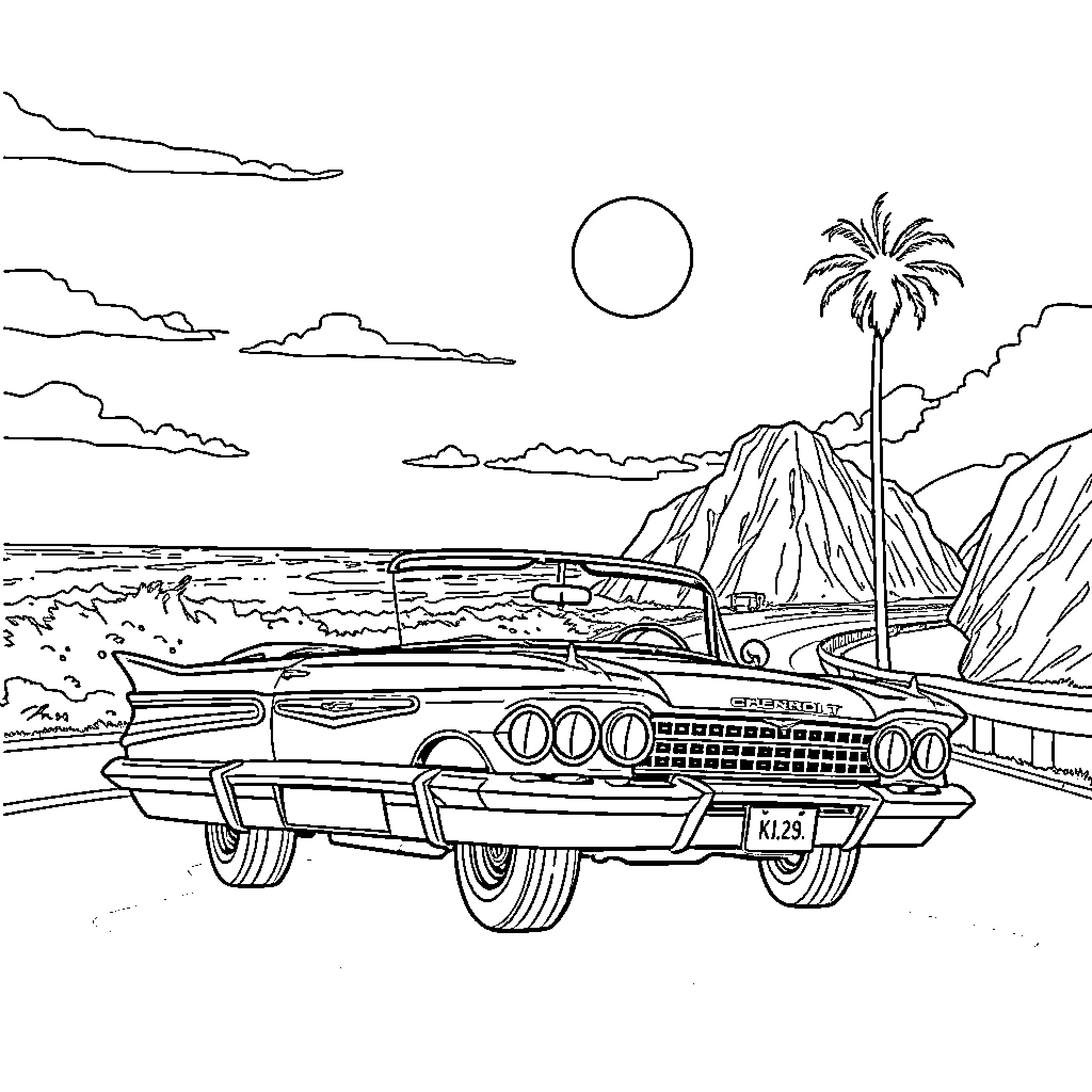 Chevrolet cruising along the tropical coastline Coloring Page (free black-and-white line drawing printable PDF for all, from beginners to advanced learners, including children, teens, adults, and seniors)