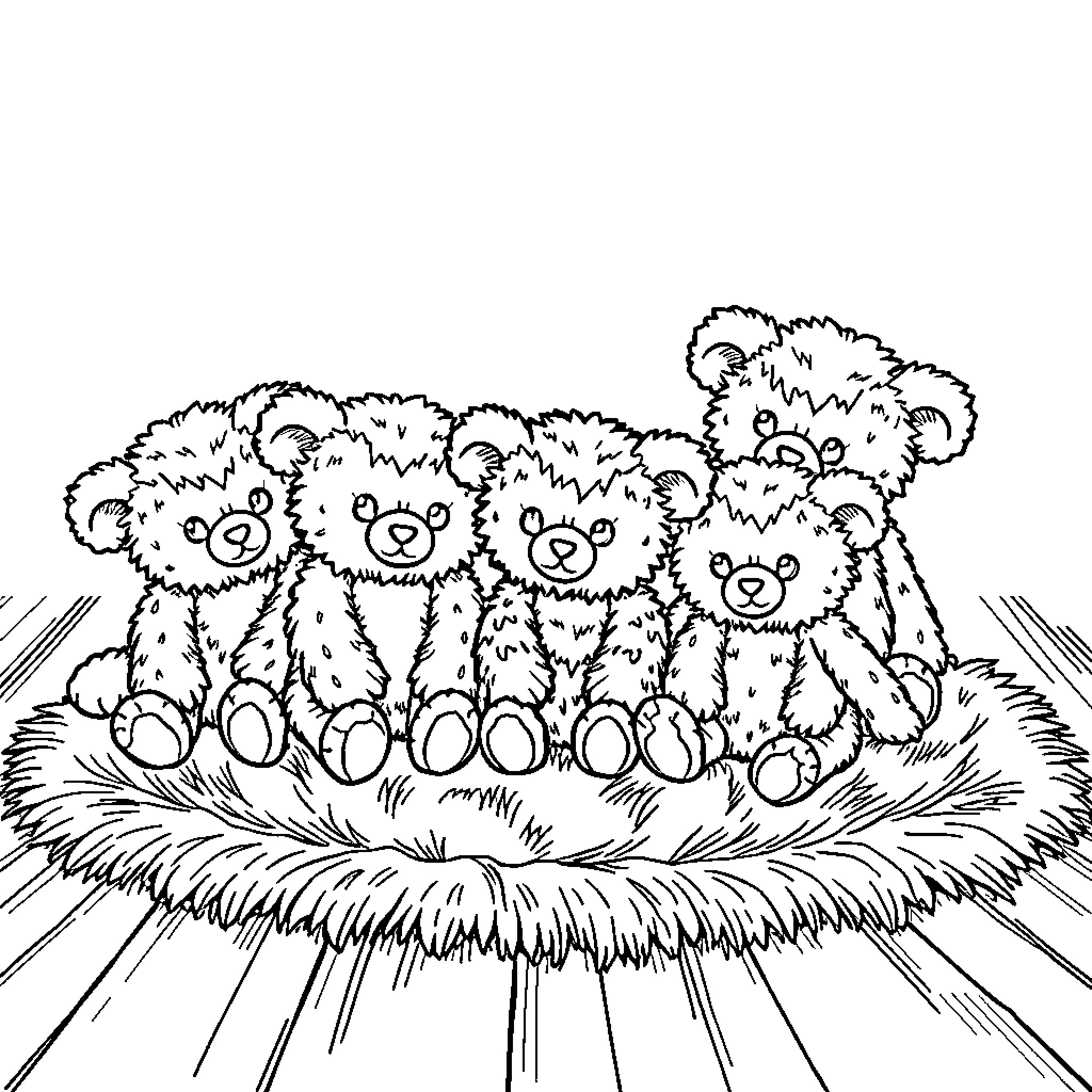 Jellycat group of plush teddy bears Coloring Page (free black-and-white line drawing printable PDF for all, from beginners to advanced learners, including children, teens, adults, and seniors)