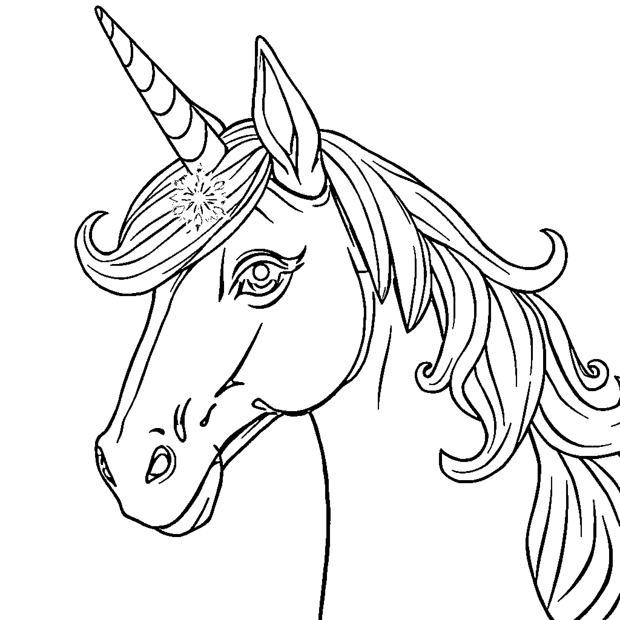Unicorn with Majestic Appearance and Flowing Mane Coloring Page (free black-and-white line drawing printable PDF for all, from beginners to advanced learners, including children, teens, adults, and seniors)