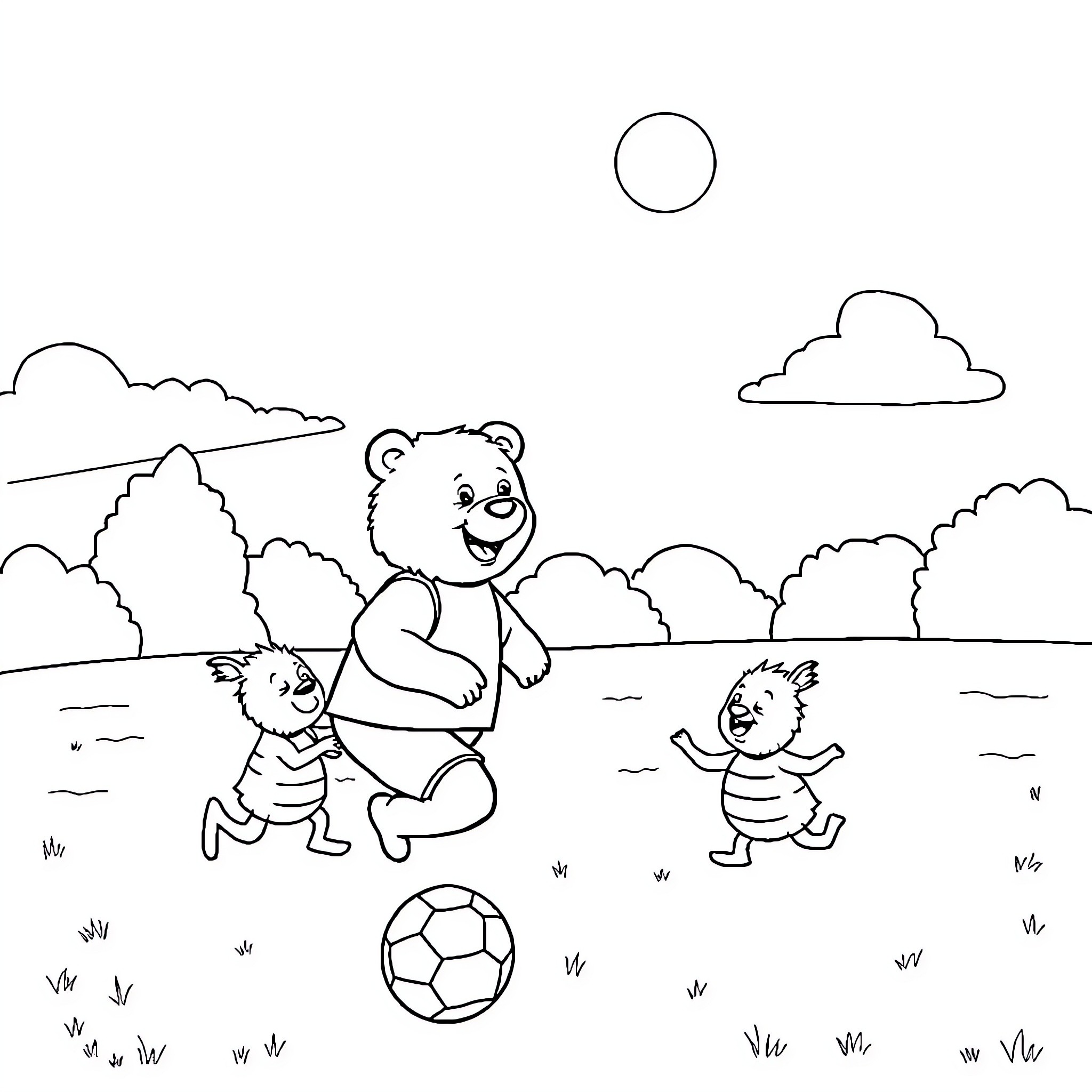 Grizzy and Bear Cubs Playing with Soccer Ball Coloring Page (free black-and-white line drawing printable PDF for all, from beginners to advanced learners, including children, teens, adults, and seniors)