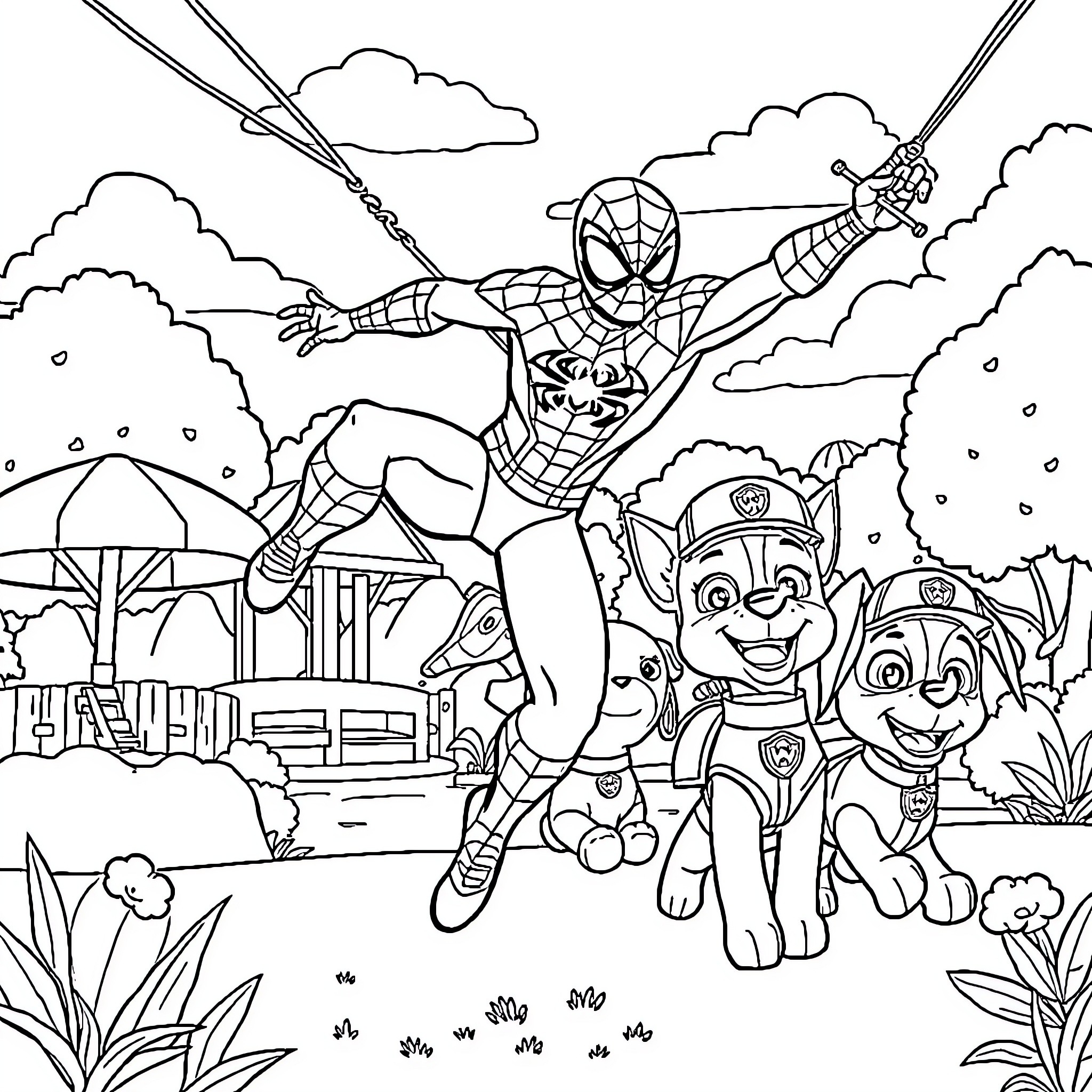 Spiderman battles alongside Paw Patrol heroes Coloring Page (free black-and-white line drawing printable PDF for all, from beginners to advanced learners, including children, teens, adults, and seniors)