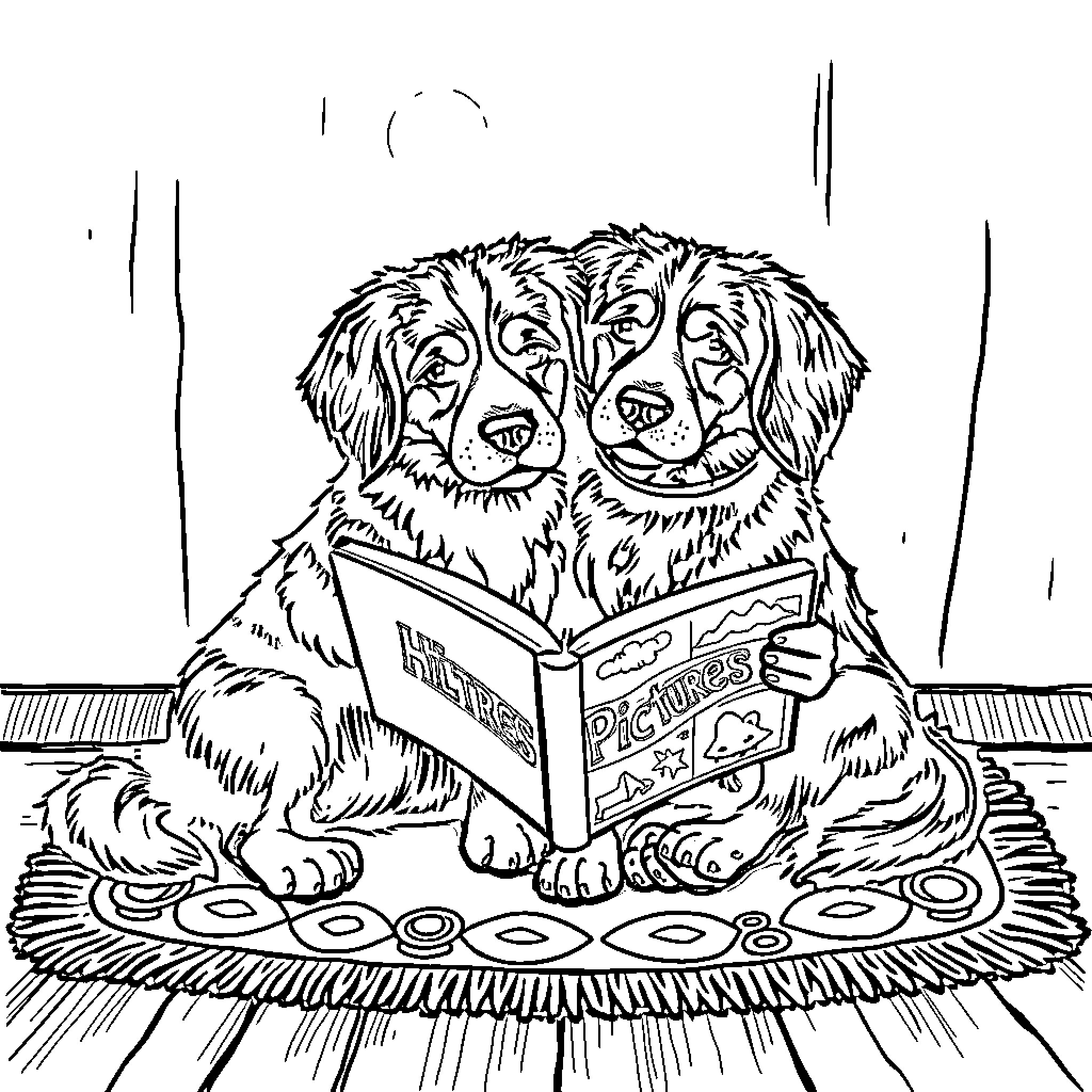 Dog reading book on rug Coloring Page (free black-and-white line drawing printable PDF for all, from beginners to advanced learners, including children, teens, adults, and seniors)