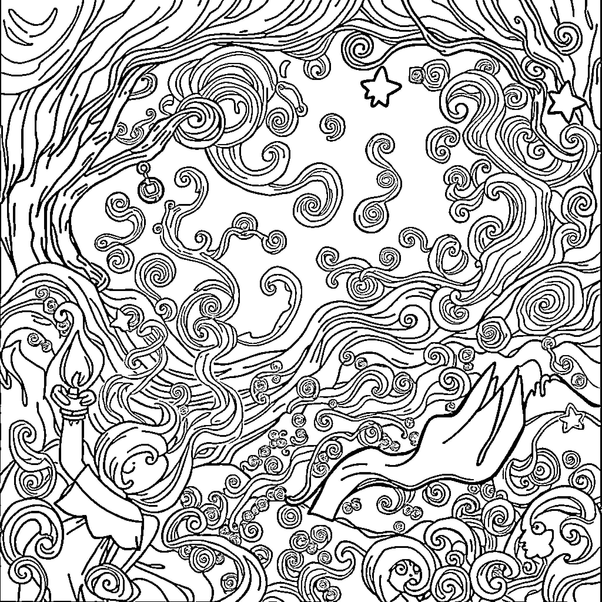 Hocus Pocus: Swirling Magical Patterns and Enchanted Scenery Coloring Page (free black-and-white line drawing printable PDF for all, from beginners to advanced learners, including children, teens, adults, and seniors)