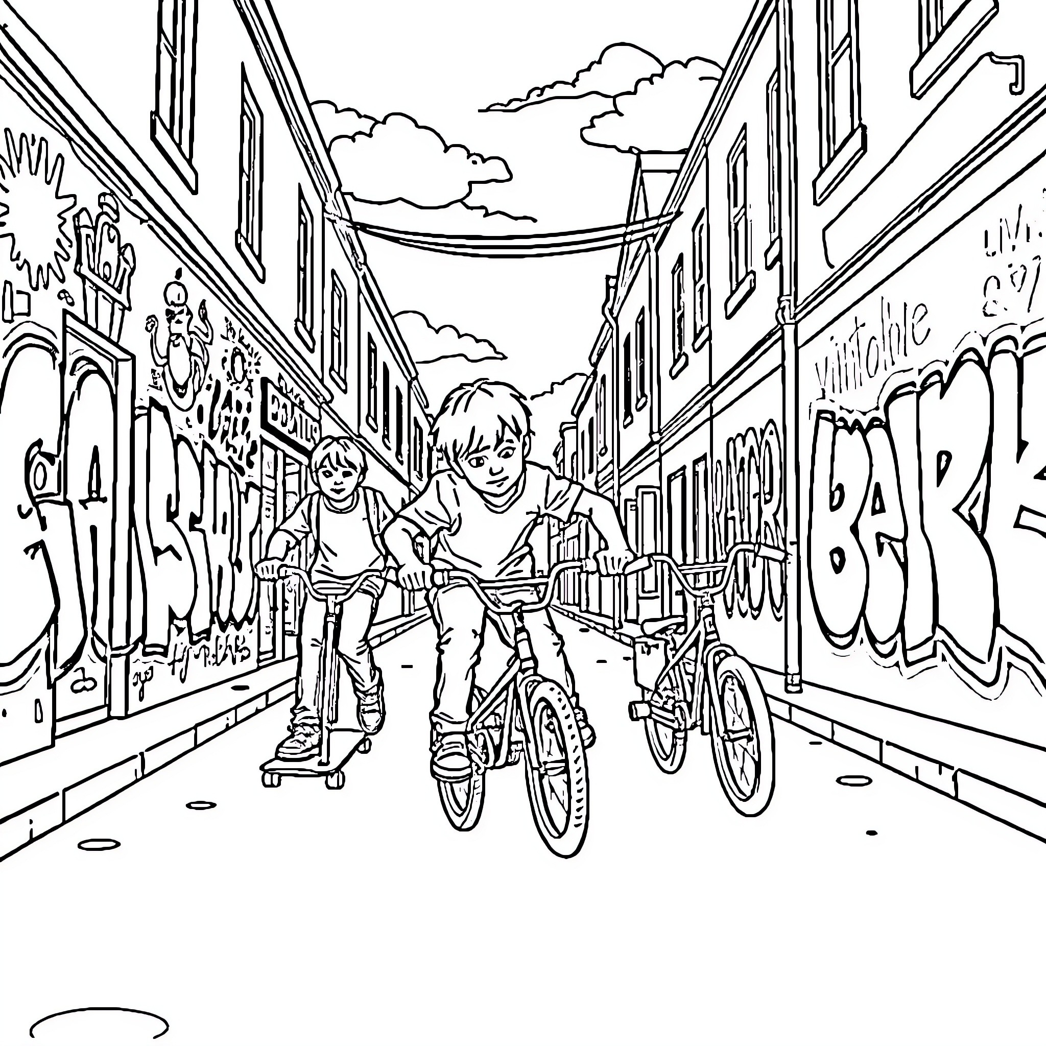 Children riding bicycles on city street Coloring Page (free black-and-white line drawing printable PDF for all, from beginners to advanced learners, including children, teens, adults, and seniors)