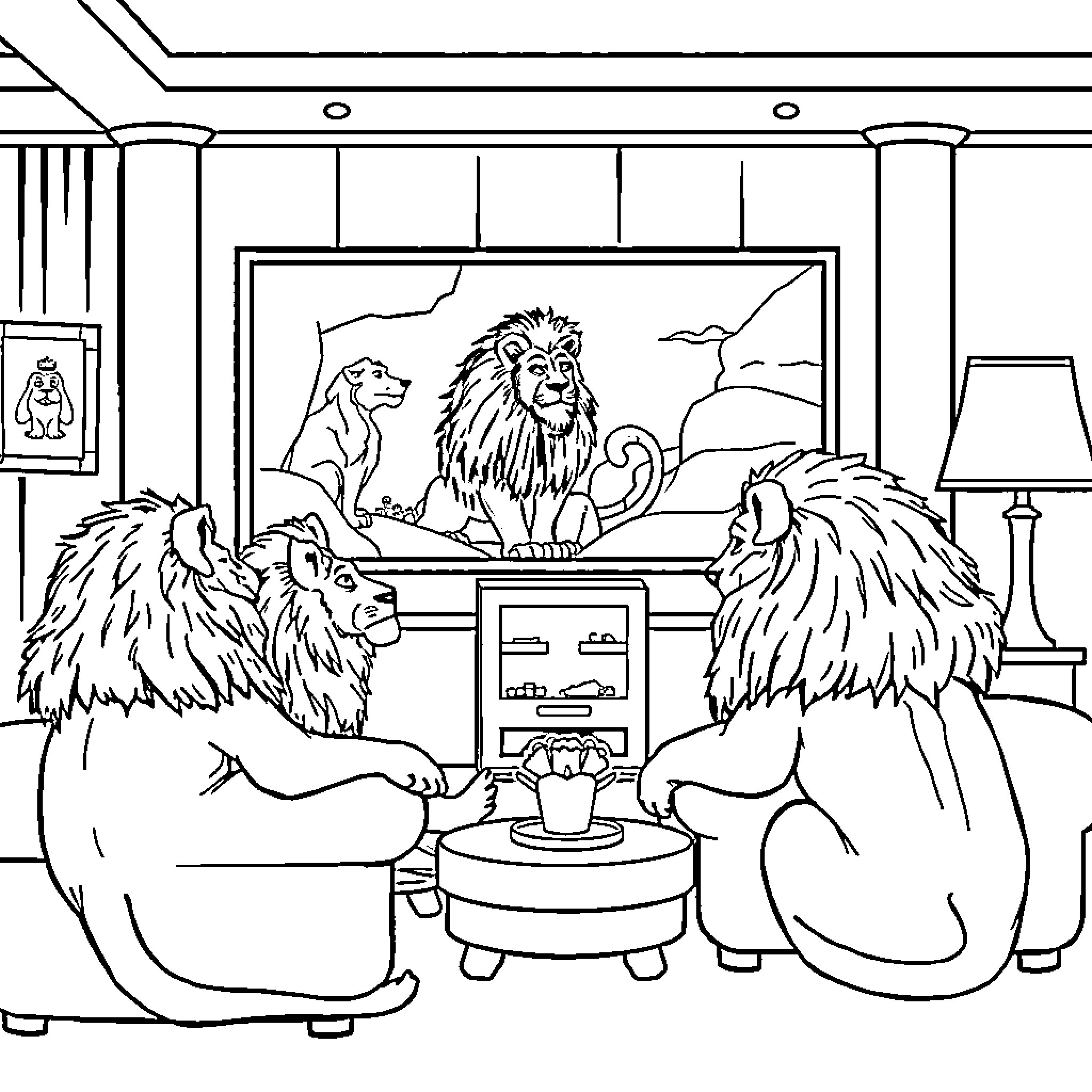 Lions relaxing in a cozy living room Coloring Page (free black-and-white line drawing printable PDF for all, from beginners to advanced learners, including children, teens, adults, and seniors)