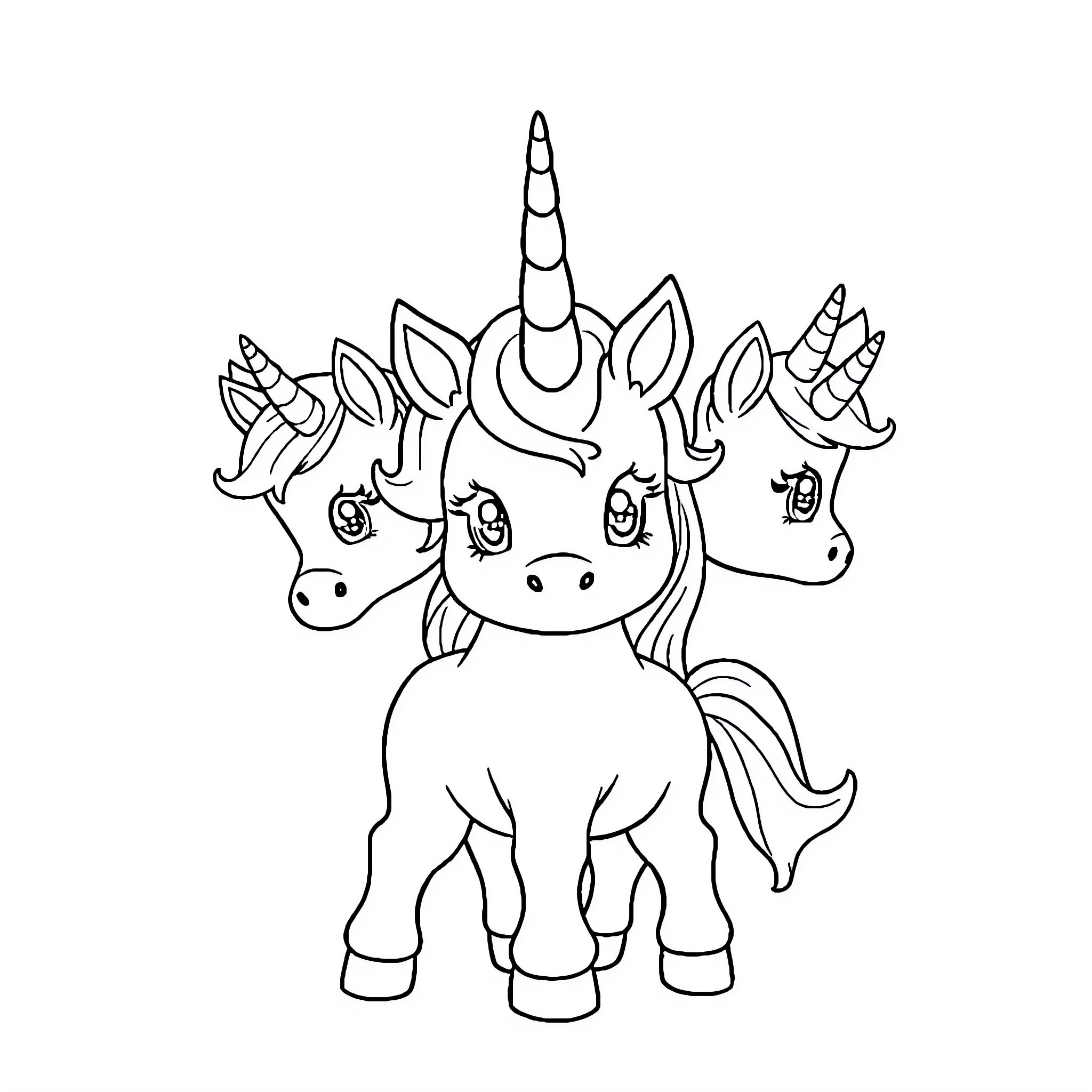 Unicorn trio striking a pose Coloring Page (free black-and-white line drawing printable PDF for all, from beginners to advanced learners, including children, teens, adults, and seniors)