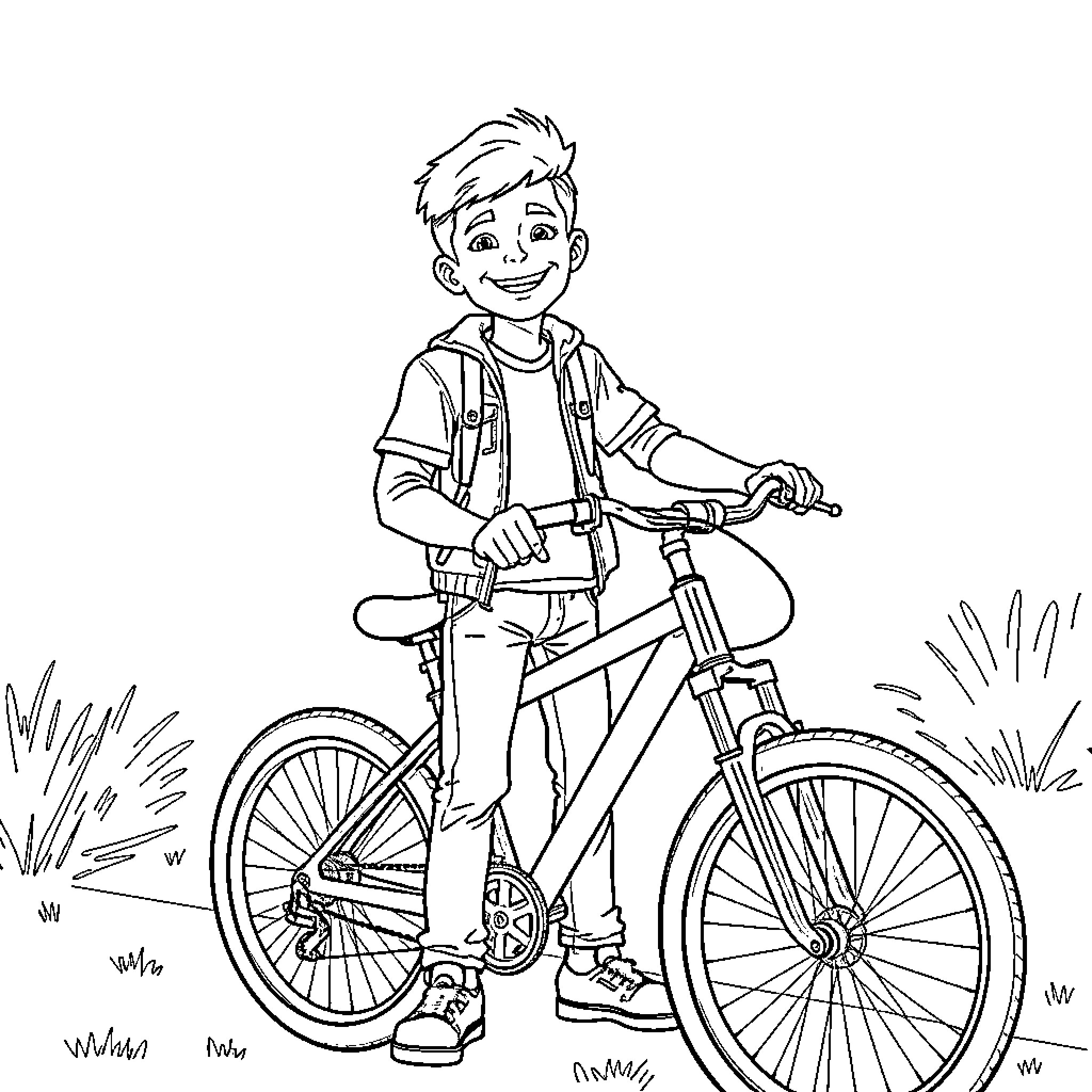PJ Hawkins enjoys a joyful bicycle ride Coloring Page (free black-and-white line drawing printable PDF for all, from beginners to advanced learners, including children, teens, adults, and seniors)