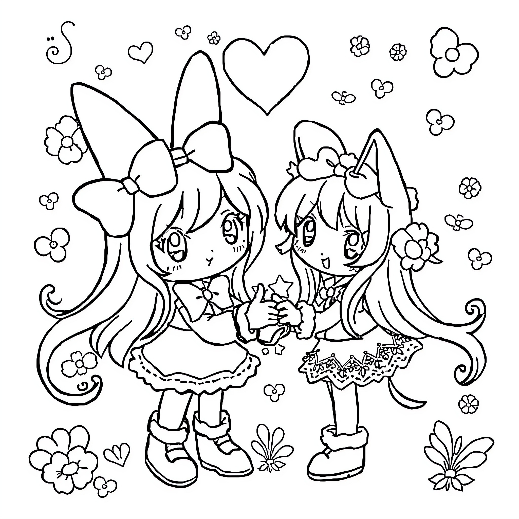My Melody: Two Cute Girls with Bows and Flowers Coloring Page (free black-and-white line drawing printable PDF for all, from beginners to advanced learners, including children, teens, adults, and seniors)