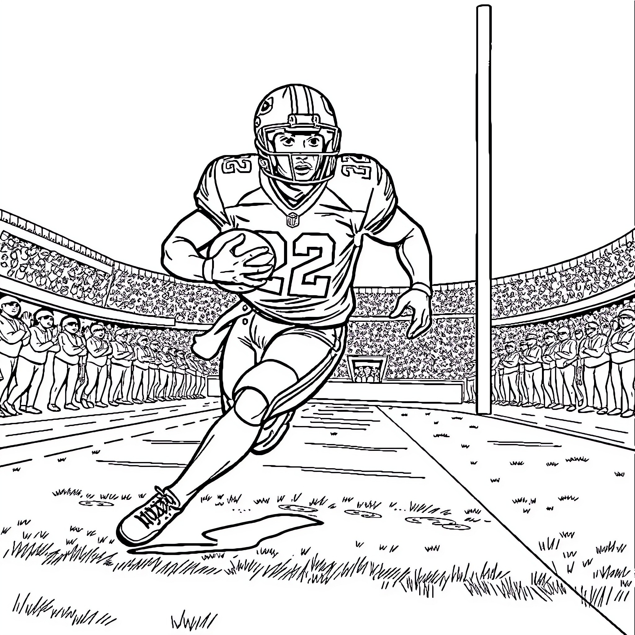 Football Player Running on the Field Coloring Page (free black-and-white line drawing printable PDF for all, from beginners to advanced learners, including children, teens, adults, and seniors)