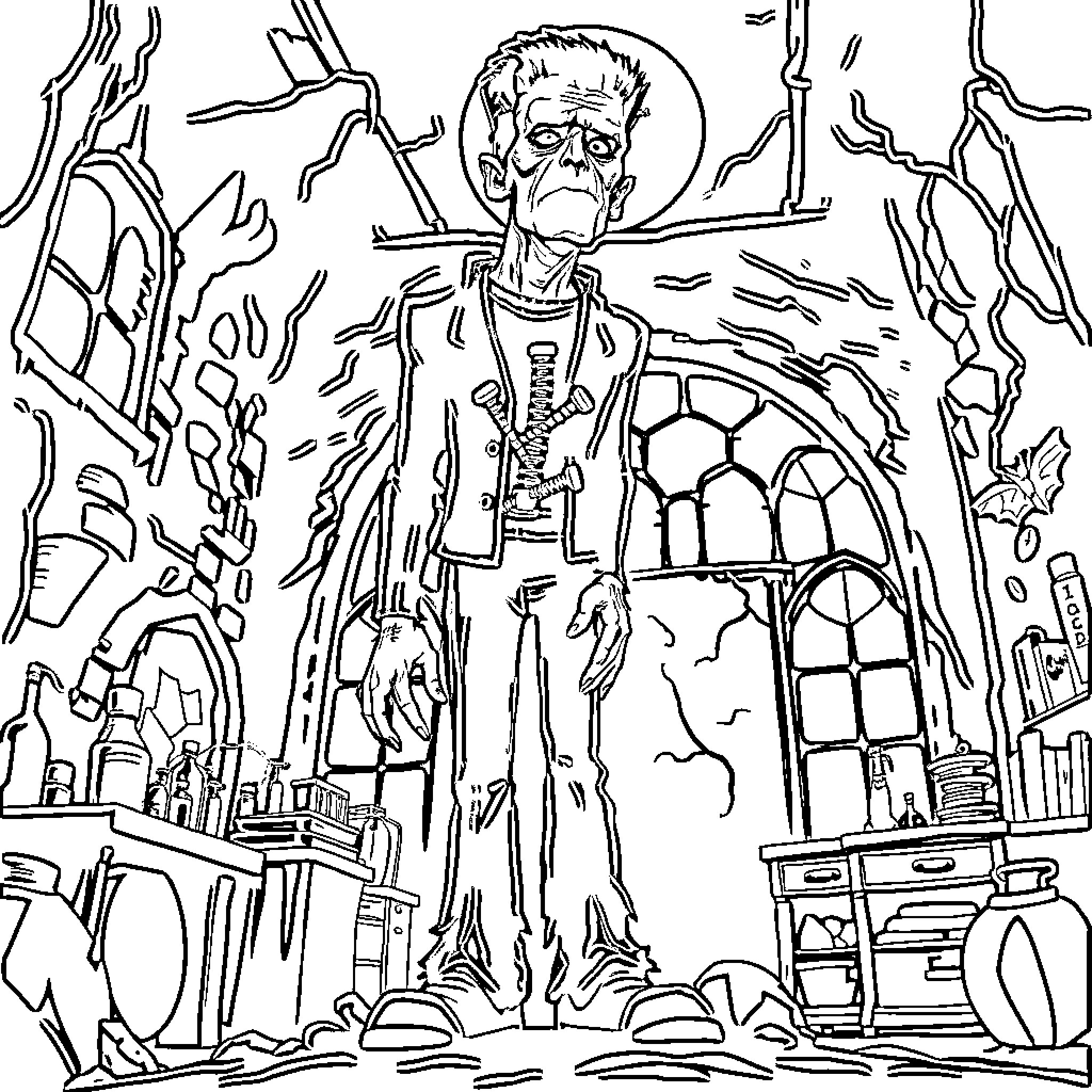 Frankenstein's Chilling Creation in the Laboratory Coloring Page (free black-and-white line drawing printable PDF for all, from beginners to advanced learners, including children, teens, adults, and seniors)