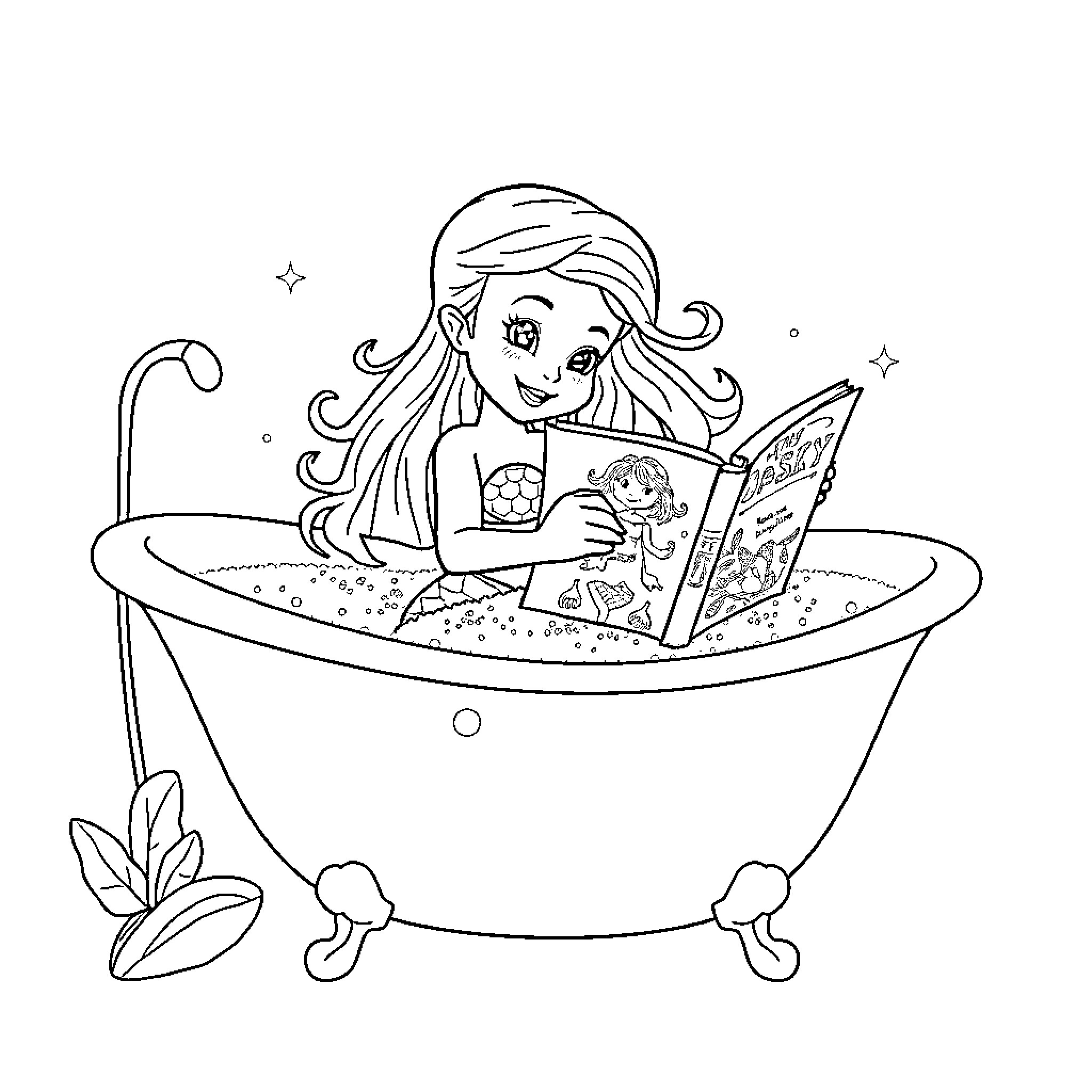 Mermaid Reading Magical Book in Enchanted Bath Coloring Page (free black-and-white line drawing printable PDF for all, from beginners to advanced learners, including children, teens, adults, and seniors)