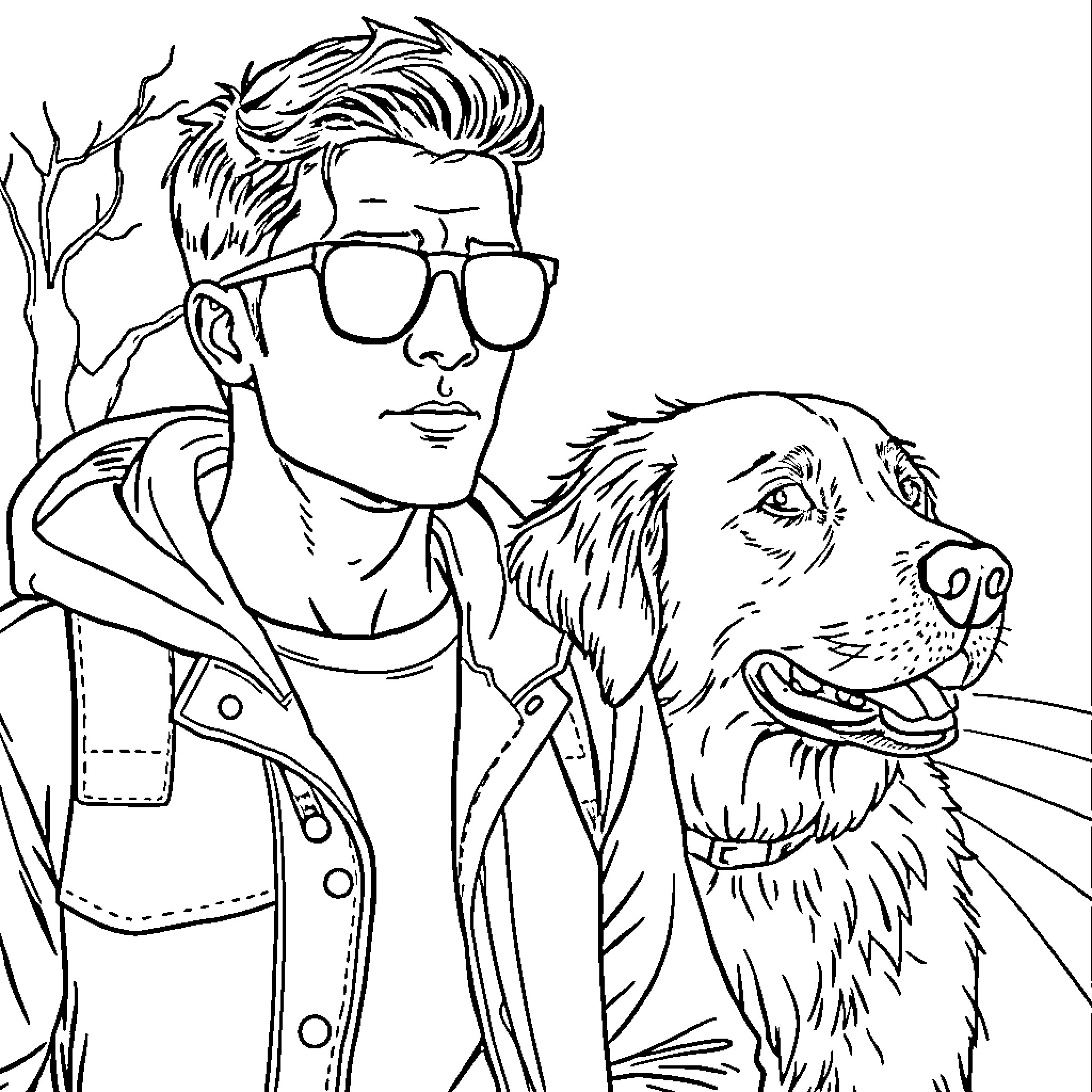 Homme with Pet Companion in Nature Coloring Page (free black-and-white line drawing printable PDF for all, from beginners to advanced learners, including children, teens, adults, and seniors)