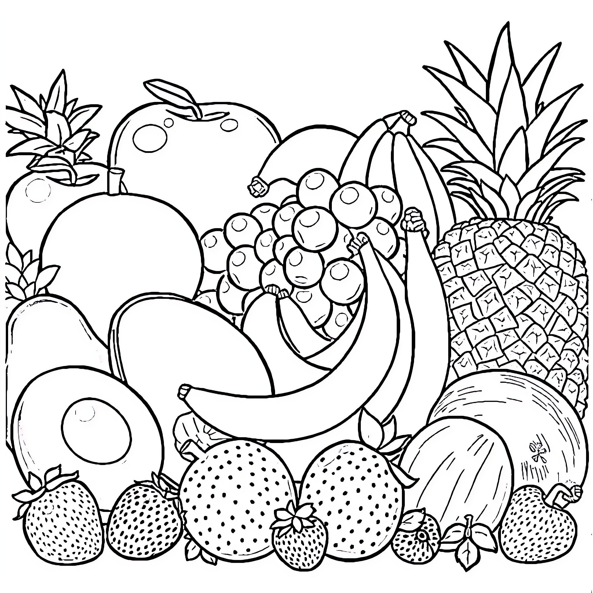 Fruit-themed Illustration with Various Produce Items Coloring Page (free black-and-white line drawing printable PDF for all, from beginners to advanced learners, including children, teens, adults, and seniors)