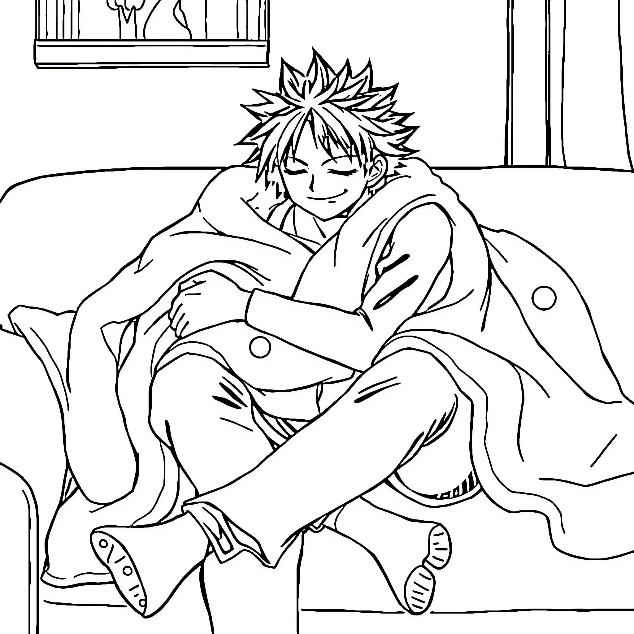 Zoro resting peacefully on a couch Coloring Page (free black-and-white line drawing printable PDF for all, from beginners to advanced learners, including children, teens, adults, and seniors)