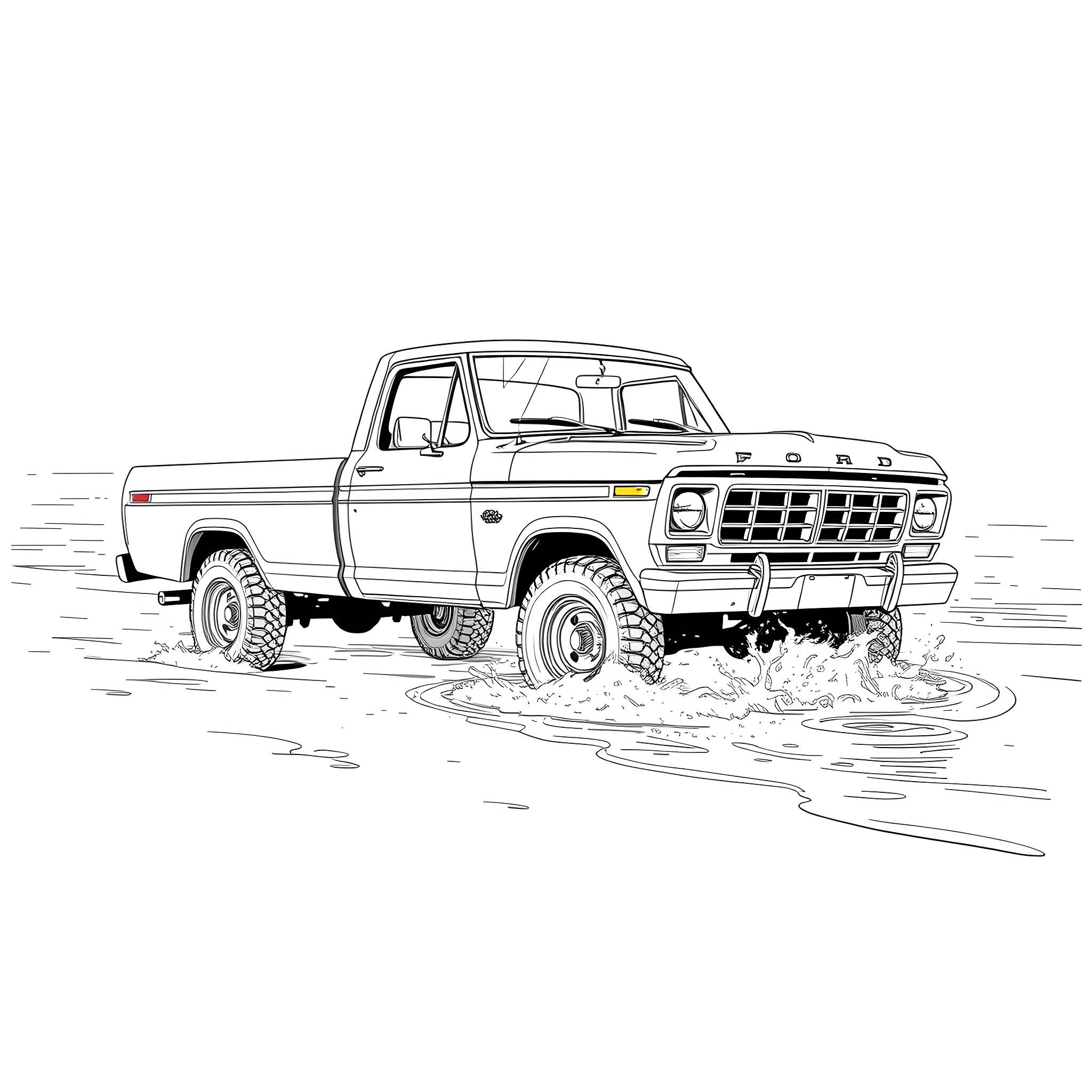 Ford Pickup truck driving through muddy terrain Coloring Page (free black-and-white line drawing printable PDF for all, from beginners to advanced learners, including children, teens, adults, and seniors)