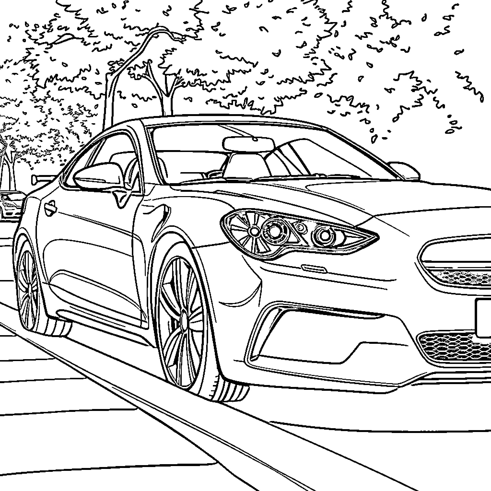 Car driving on a road in a scenic location Coloring Page (free black-and-white line drawing printable PDF for all, from beginners to advanced learners, including children, teens, adults, and seniors)