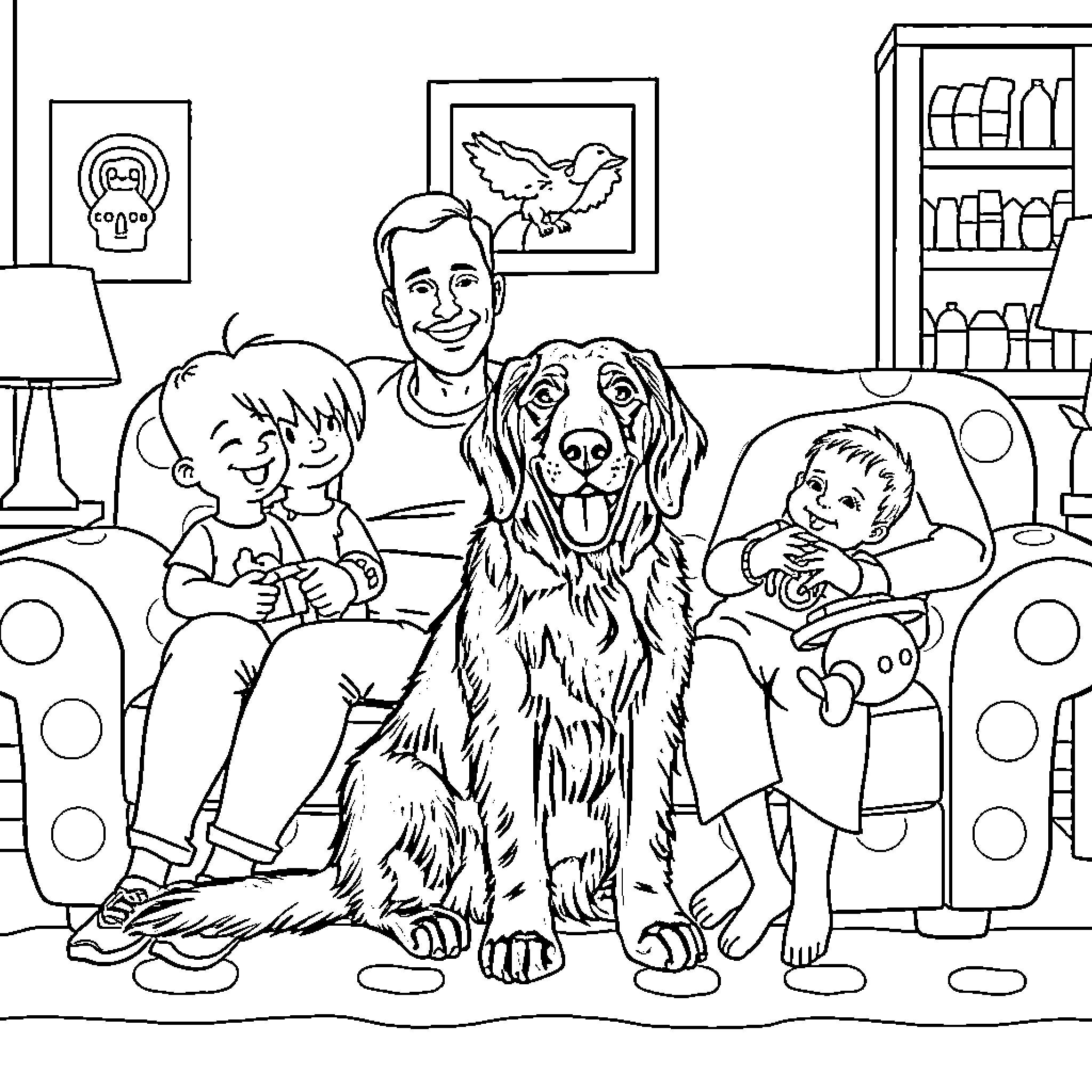 Flat Coated Retriever with family on sofa Coloring Page (free black-and-white line drawing printable PDF for all, from beginners to advanced learners, including children, teens, adults, and seniors)