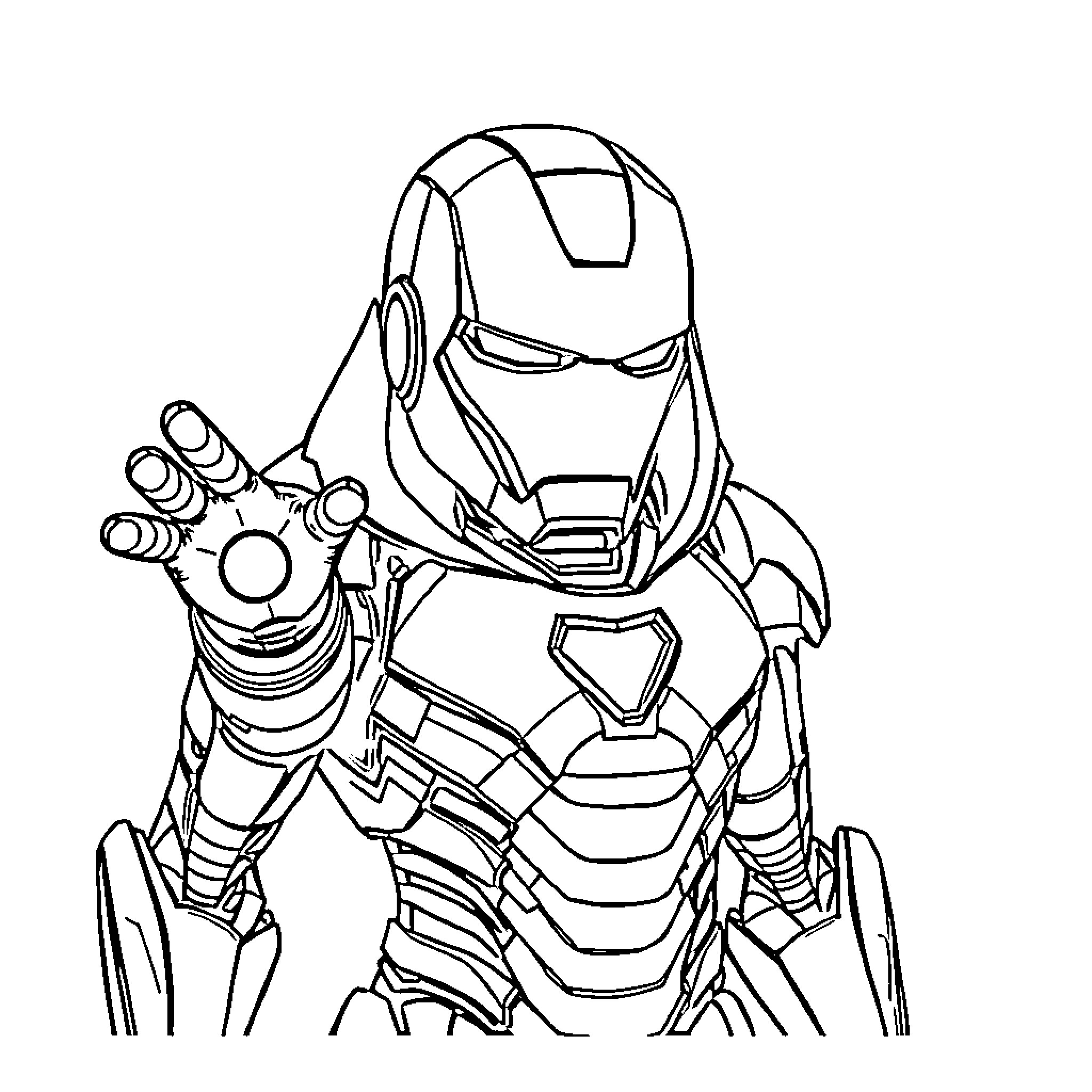 Ironman in heroic battle stance Coloring Page (free black-and-white line drawing printable PDF for all, from beginners to advanced learners, including children, teens, adults, and seniors)