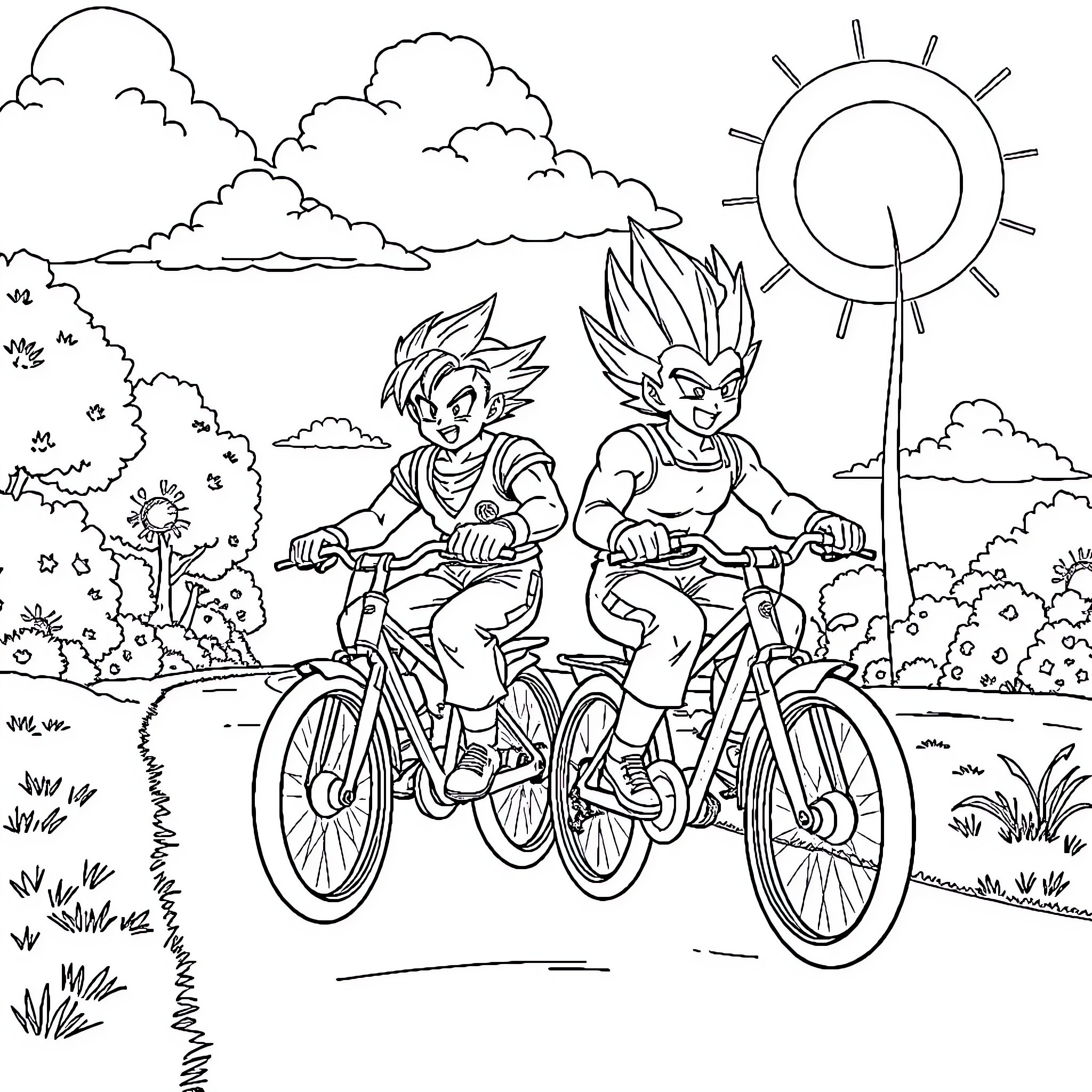 Goku and Vegeta riding bicycles in the countryside Coloring Page (free black-and-white line drawing printable PDF for all, from beginners to advanced learners, including children, teens, adults, and seniors)