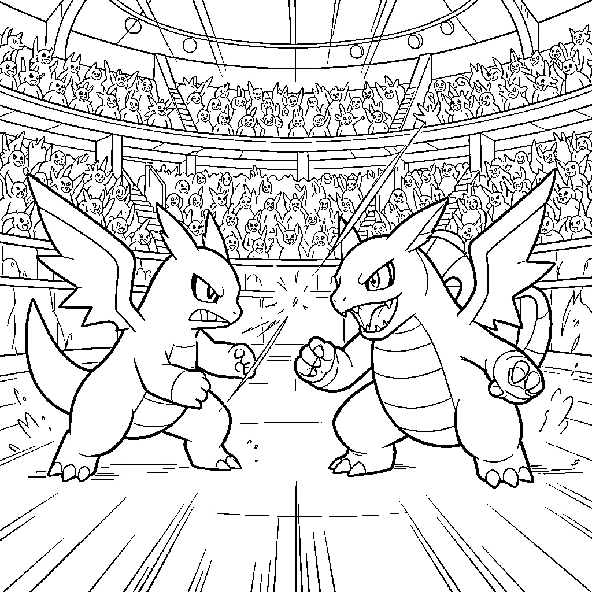 Dracaufeu battling Charmeleon in a crowded stadium arena Coloring Page (free black-and-white line drawing printable PDF for all, from beginners to advanced learners, including children, teens, adults, and seniors)
