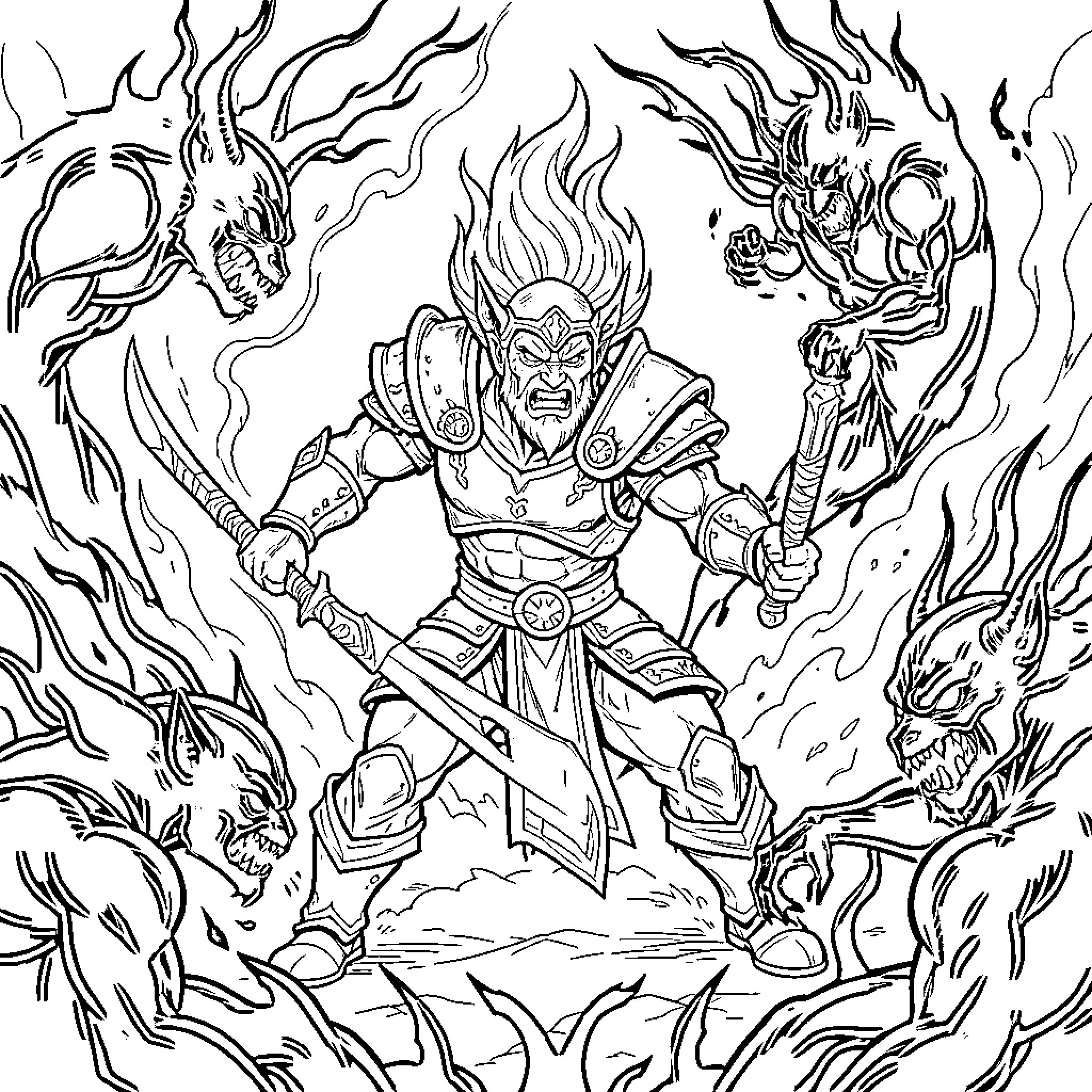 Berserk warrior fighting monstrous demonic spirits Coloring Page (free black-and-white line drawing printable PDF for all, from beginners to advanced learners, including children, teens, adults, and seniors)