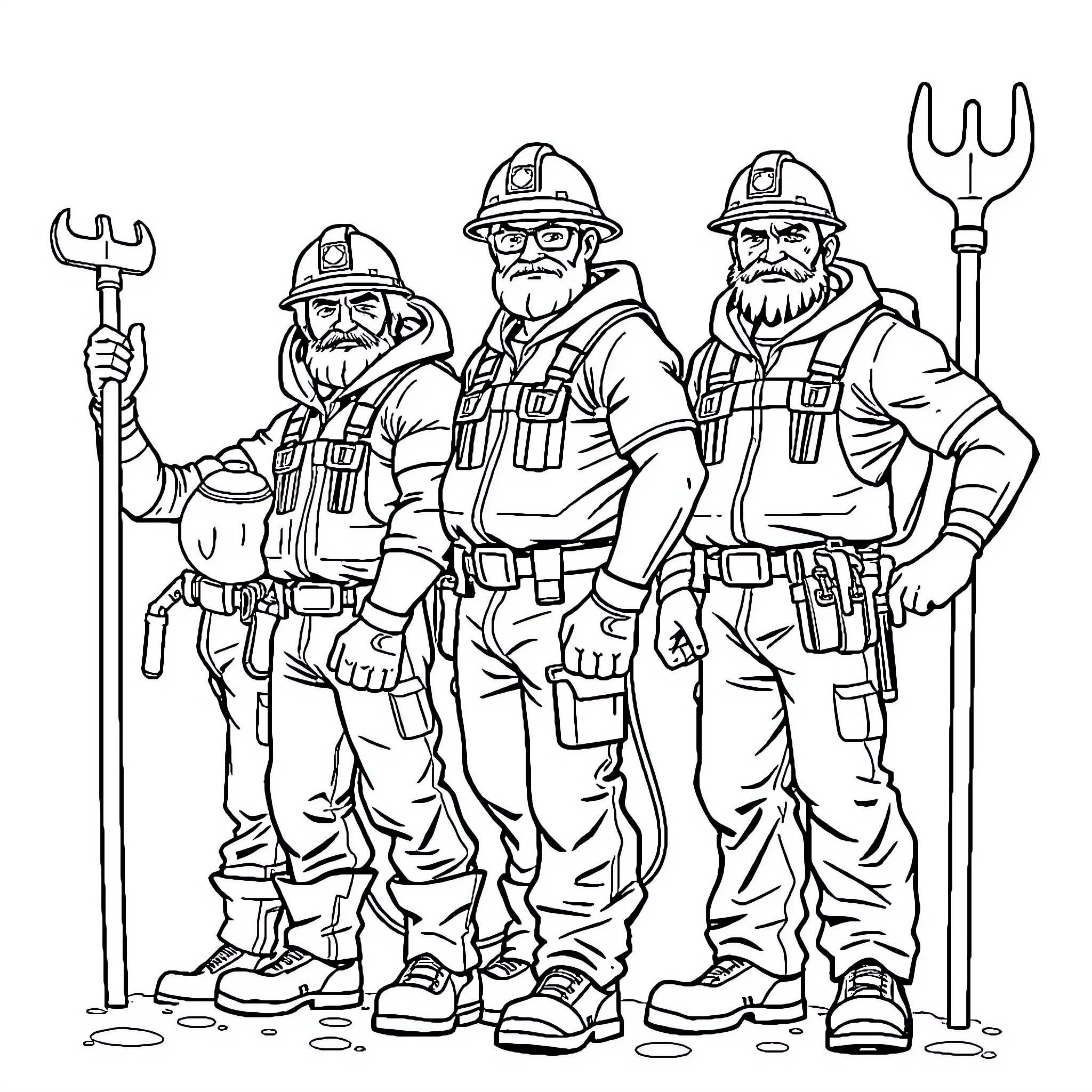 Water Workers Fixing Equipment on the Job Coloring Page (free black-and-white line drawing printable PDF for all, from beginners to advanced learners, including children, teens, adults, and seniors)