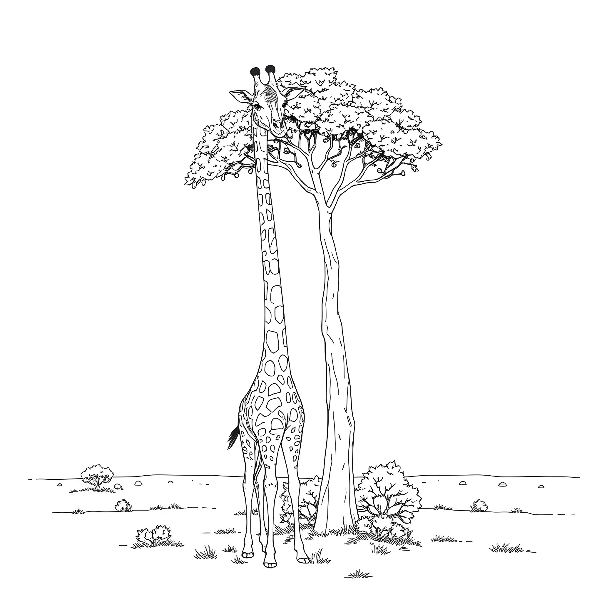Giraffe standing under a tree in a grassy landscape Coloring Page (free black-and-white line drawing printable PDF for all, from beginners to advanced learners, including children, teens, adults, and seniors)