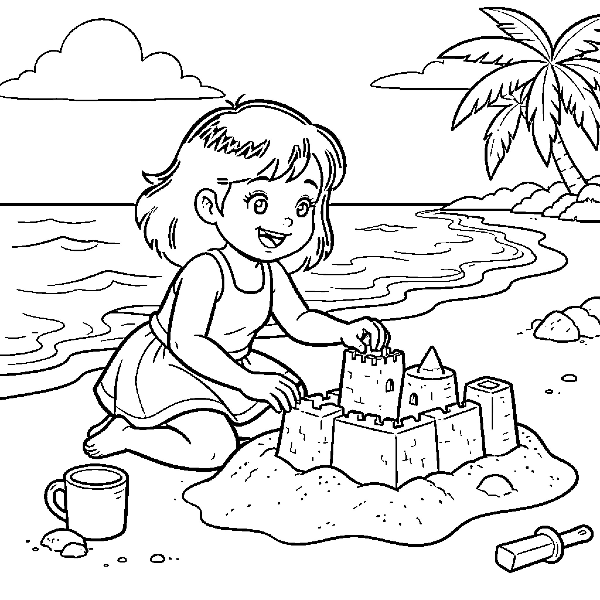 Dora building a large sandcastle on the beach Coloring Page (free black-and-white line drawing printable PDF for all, from beginners to advanced learners, including children, teens, adults, and seniors)